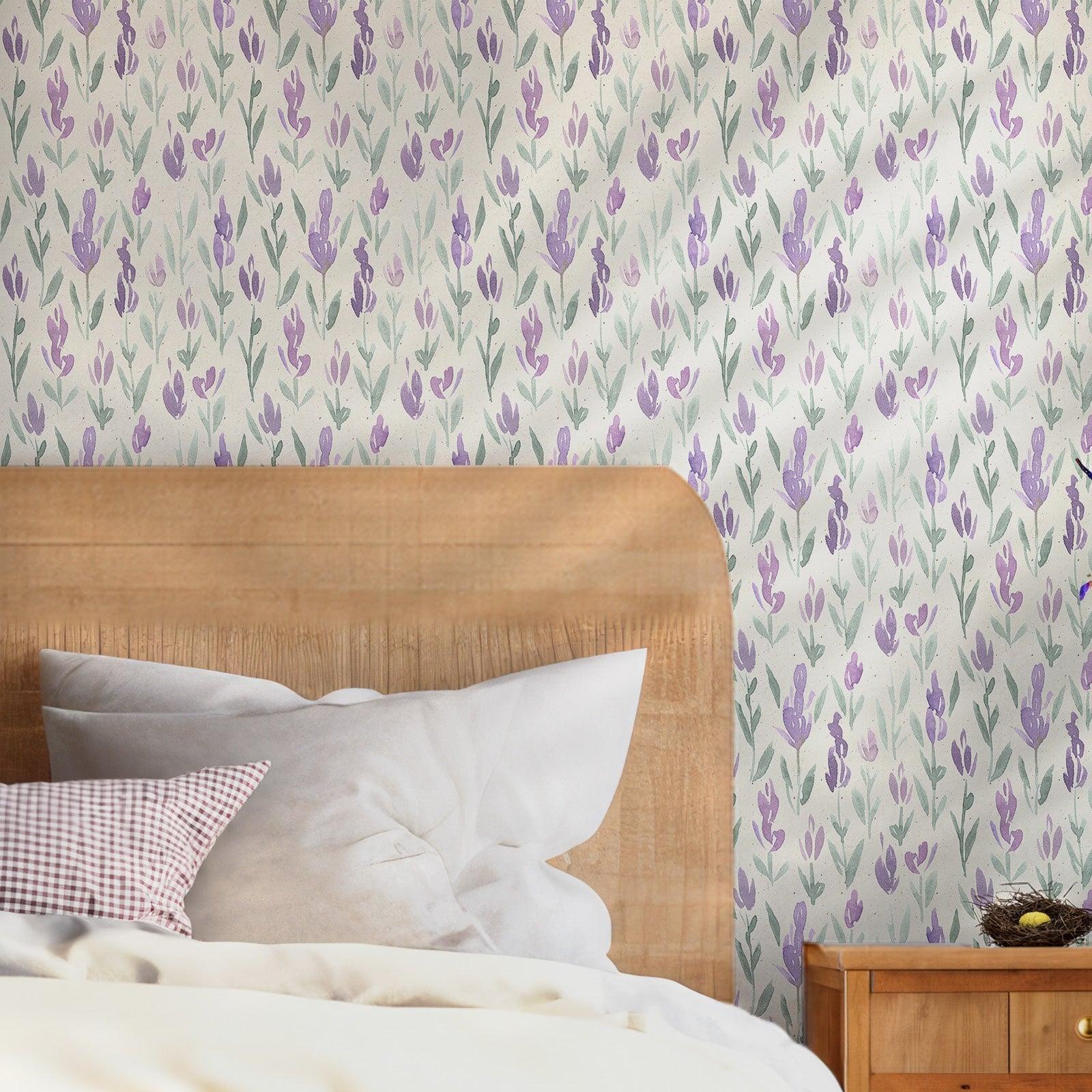 Lavender Flowers Wallpaper - Peel and Stick Self Adhesive - Purple Floral Wall Art Botanical BV090