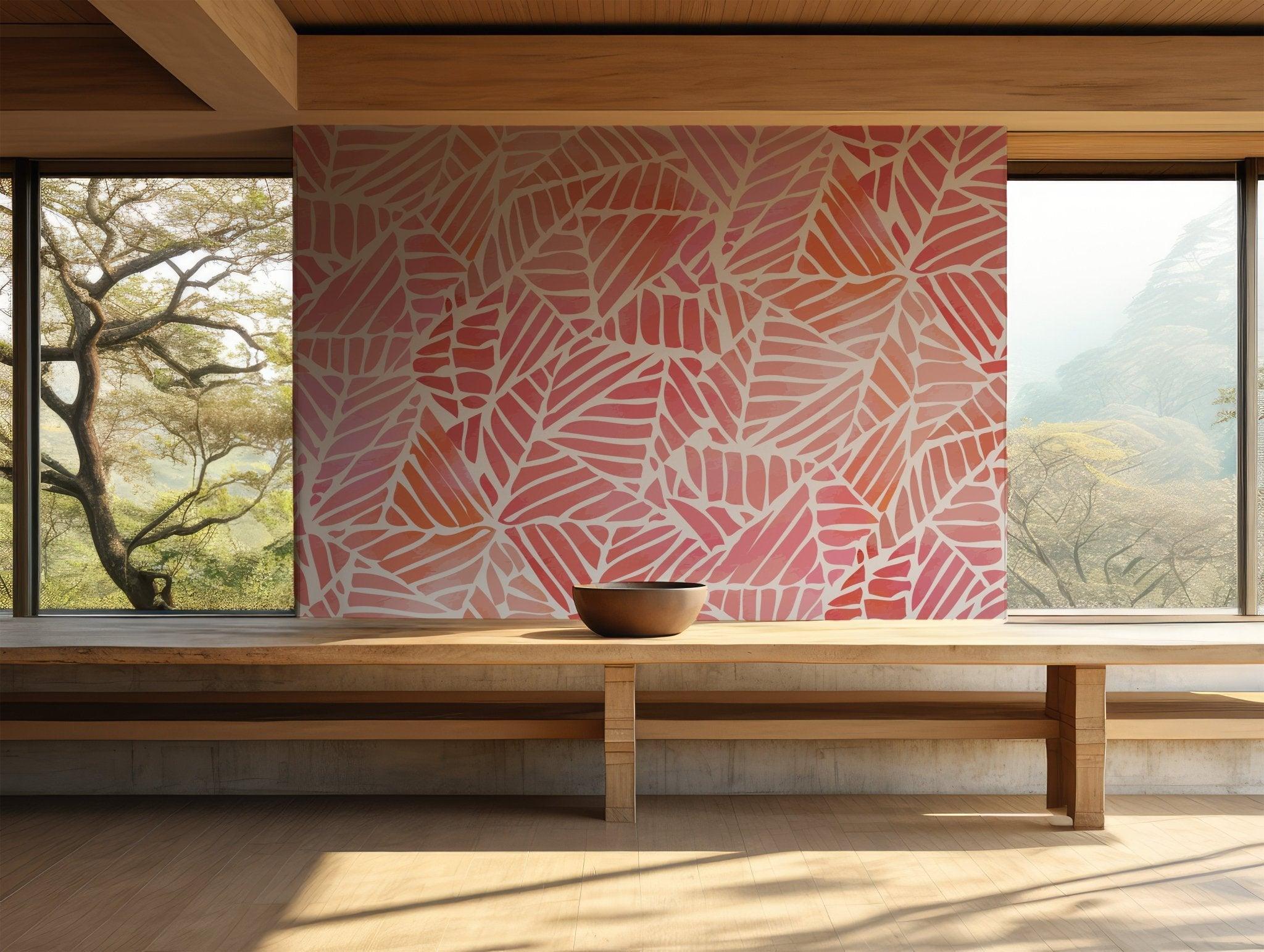 Leaf Pink and Orange Hues Wallpaper - Self Adhesive Wall Mural - Palm Tropical Living BV250