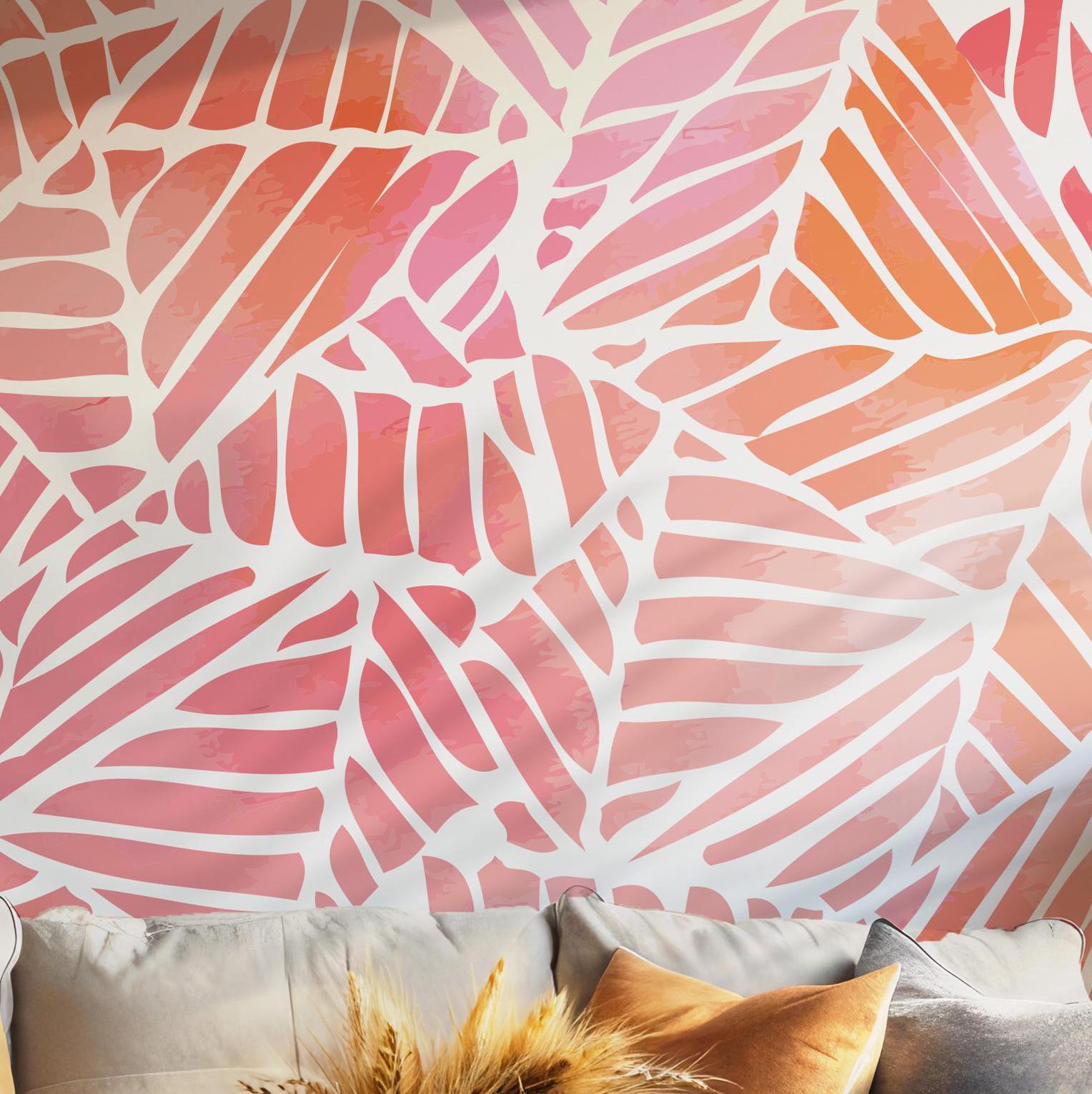 Leaf Pink and Orange Hues Wallpaper - Self Adhesive Wall Mural - Palm Tropical Living BV250
