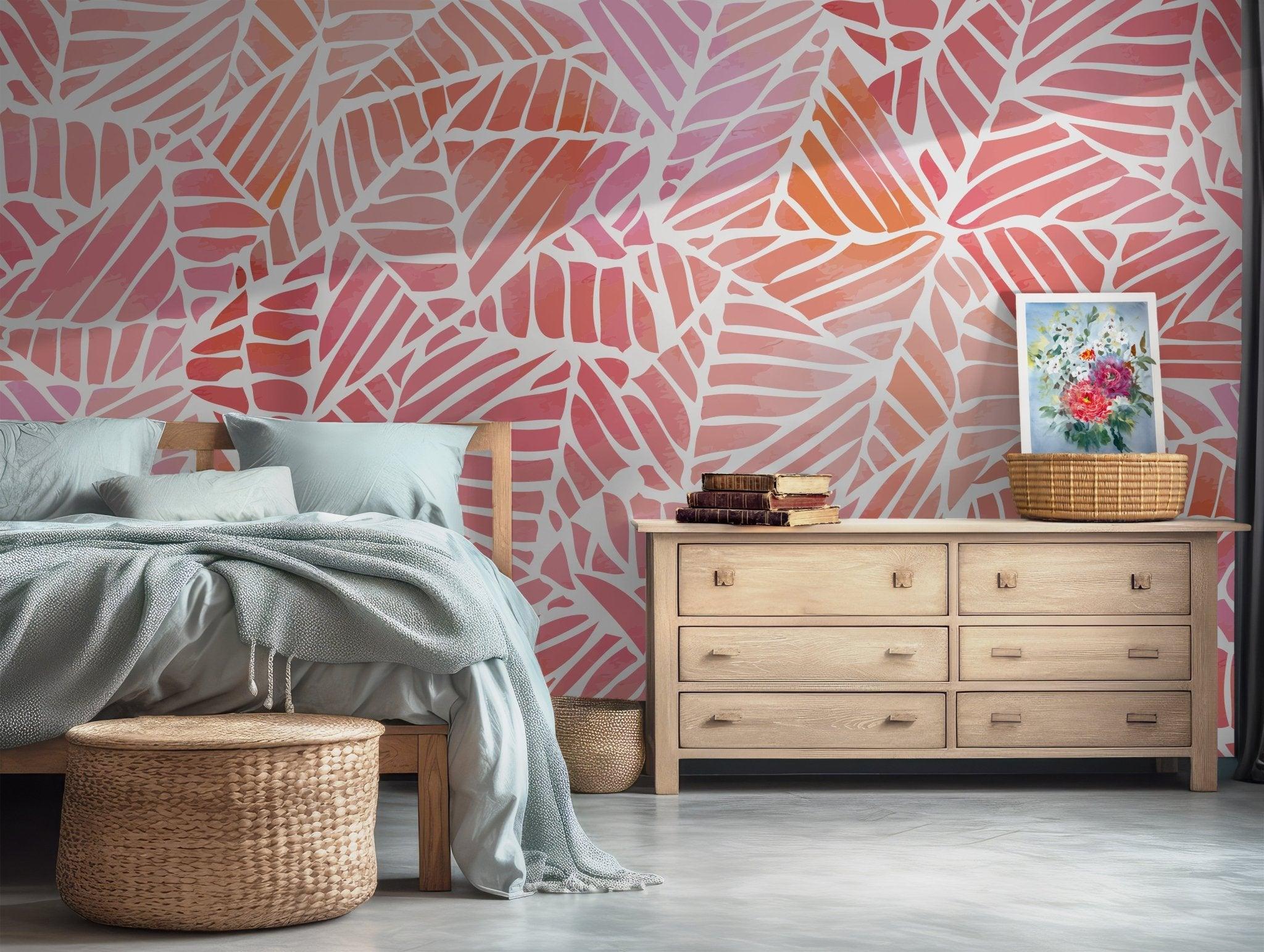 Leaf Pink and Orange Hues Wallpaper - Self Adhesive Wall Mural - Palm Tropical Living BV250
