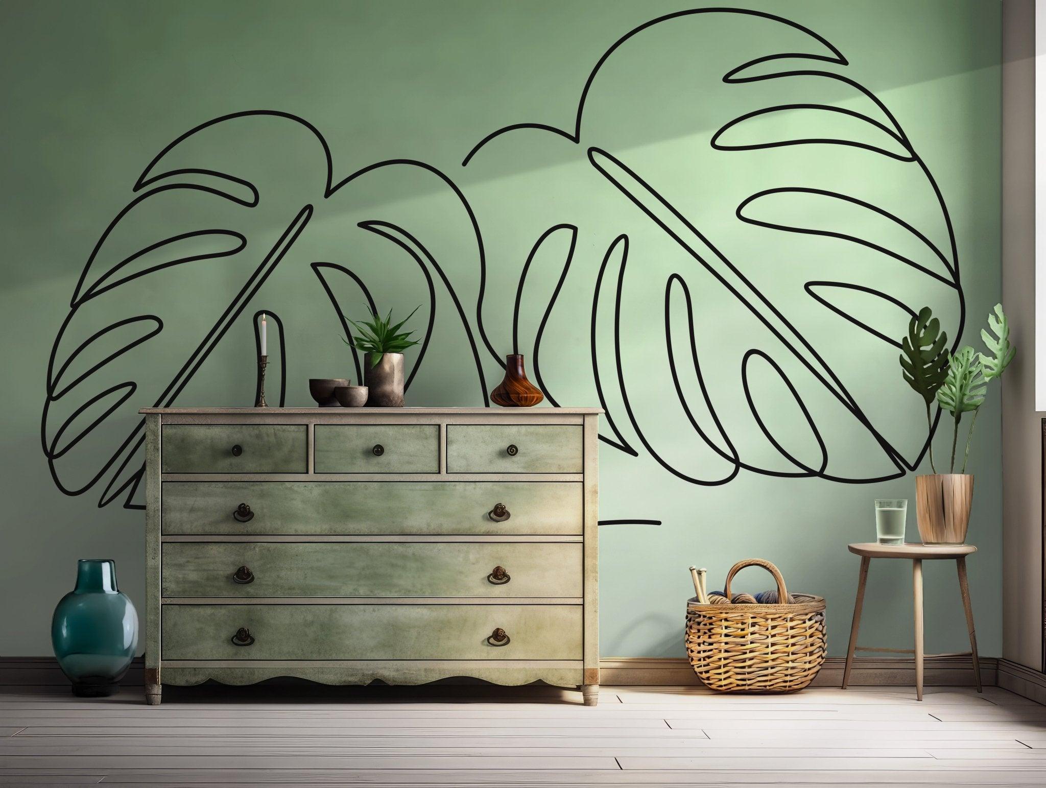 Leaf Soft Green Gradient Wallpaper - Self Adhesive Wall Mural - Monstera Line Art BV288