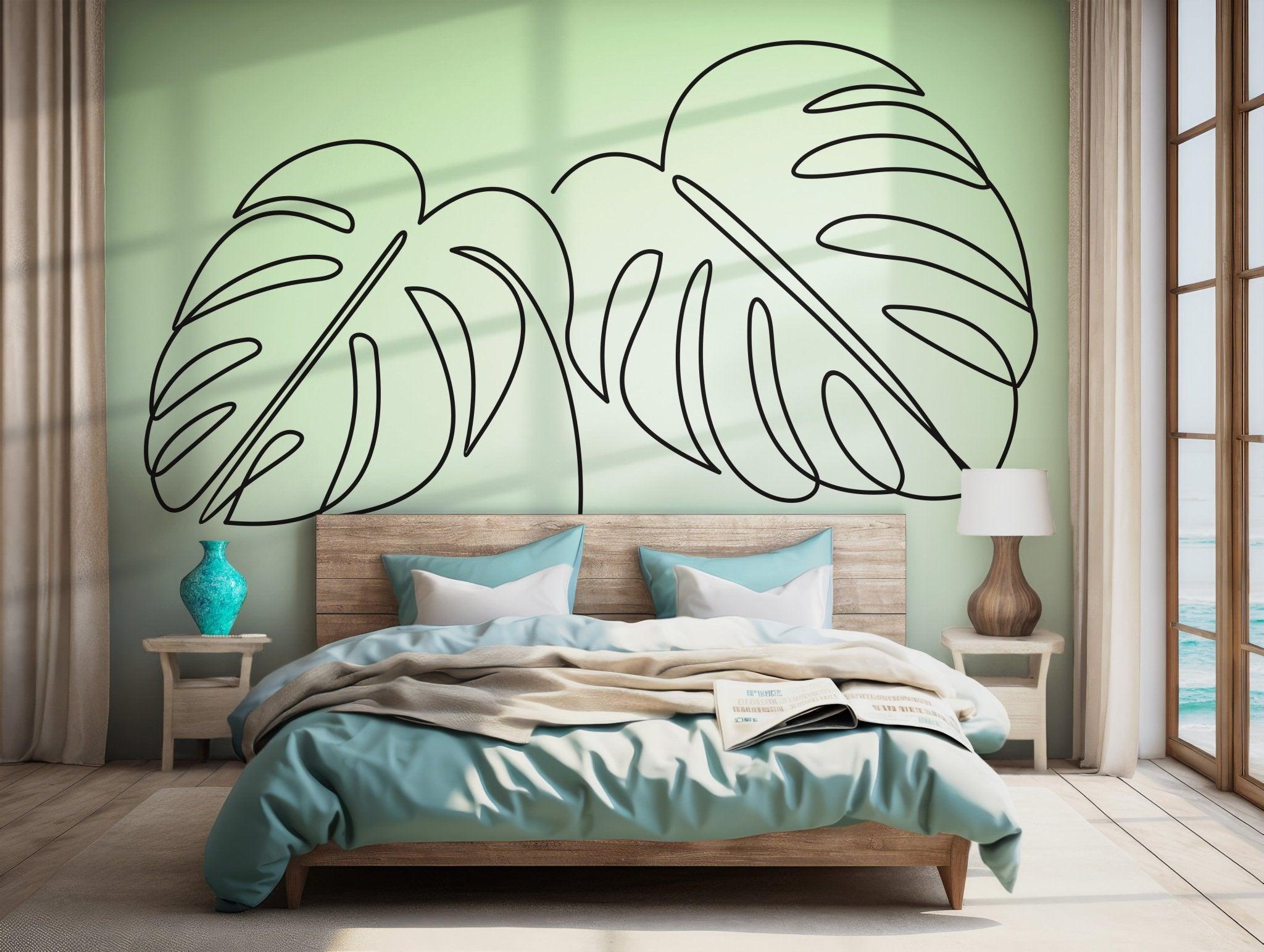 Leaf Soft Green Gradient Wallpaper - Self Adhesive Wall Mural - Monstera Line Art BV288