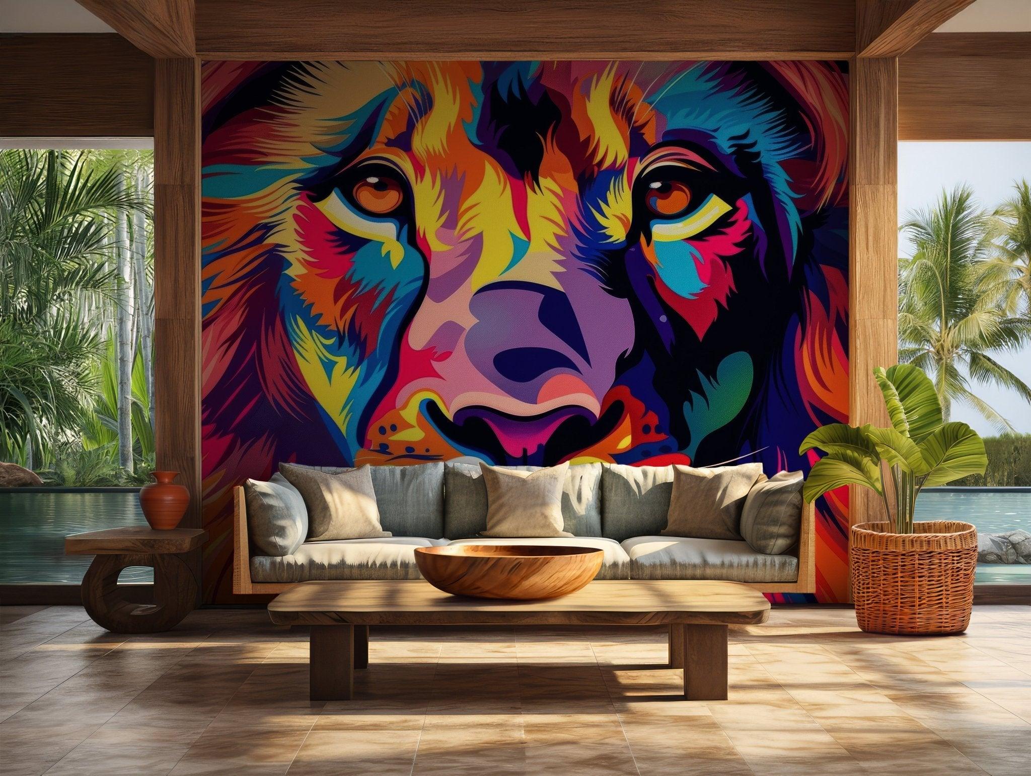 Lion Vibrant Jungle King Wallpaper - Peel and Stick Wall Mural - Bold Pop Art Colorful Animal BV229