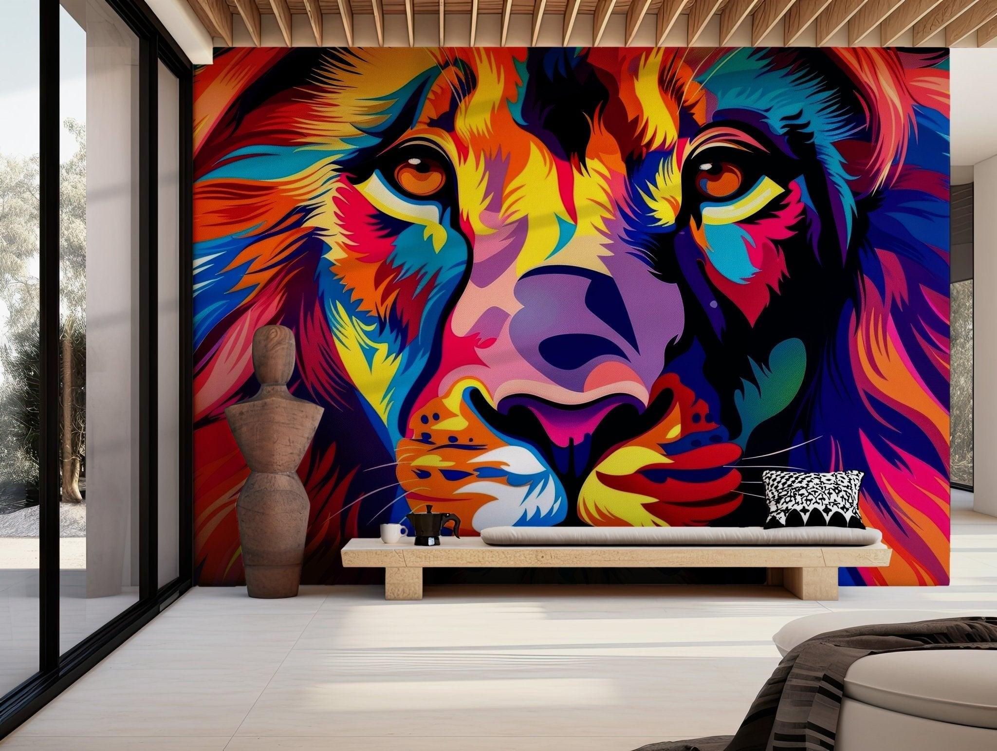 Lion Vibrant Jungle King Wallpaper - Peel and Stick Wall Mural - Bold Pop Art Colorful Animal BV229