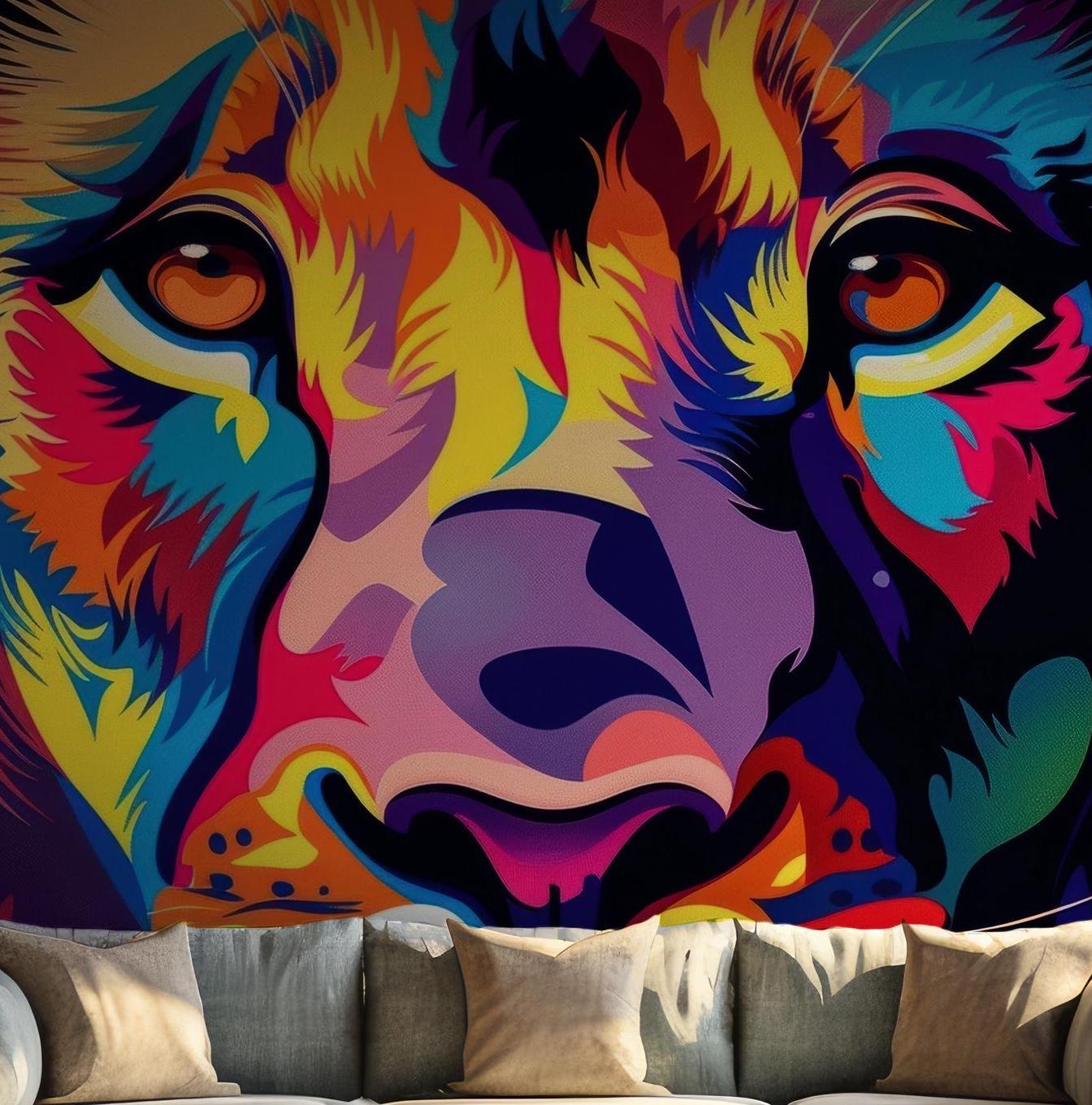 Lion Vibrant Jungle King Wallpaper - Peel and Stick Wall Mural - Bold Pop Art Colorful Animal BV229