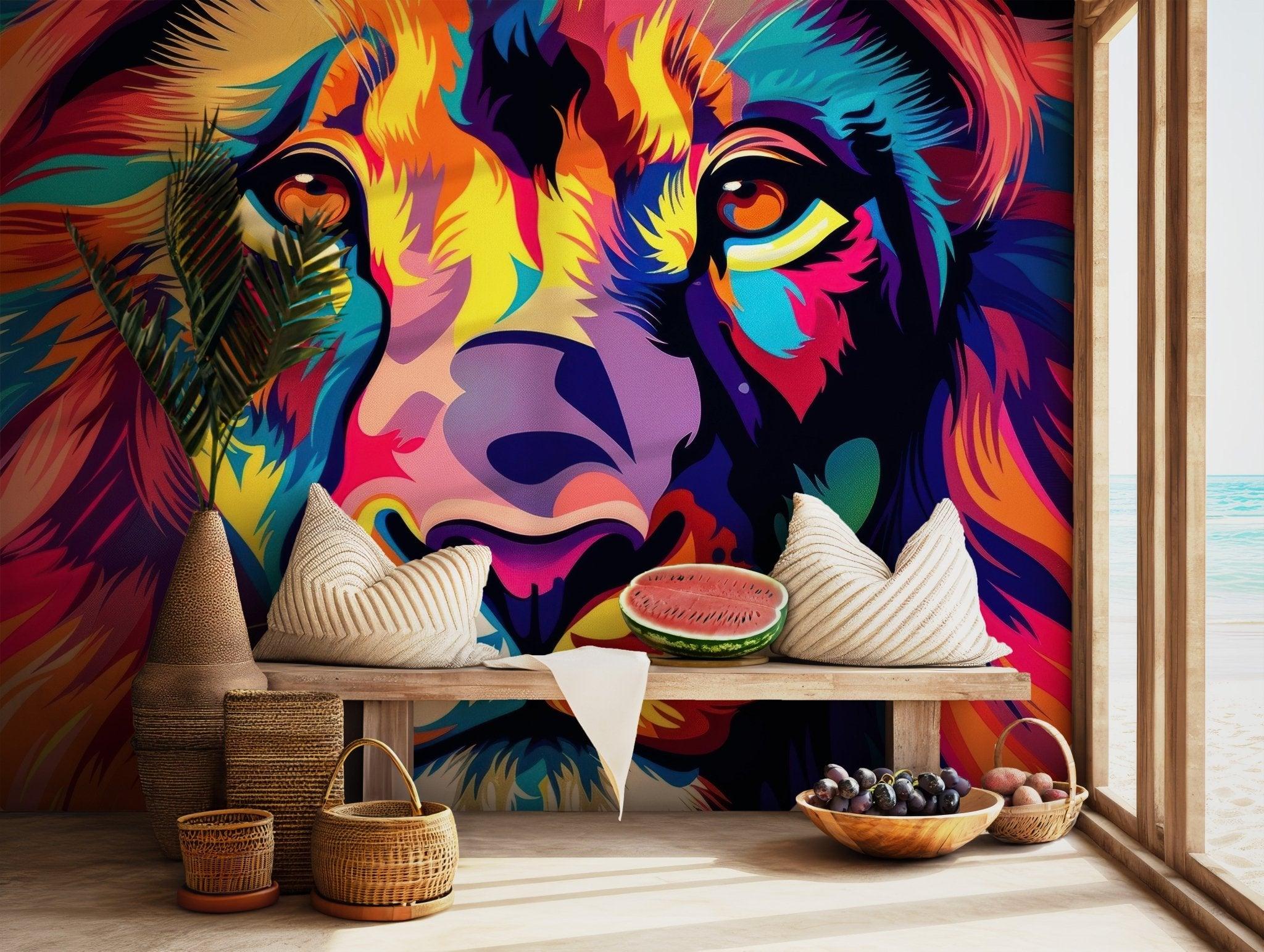 Lion Vibrant Jungle King Wallpaper - Peel and Stick Wall Mural - Bold Pop Art Colorful Animal BV229