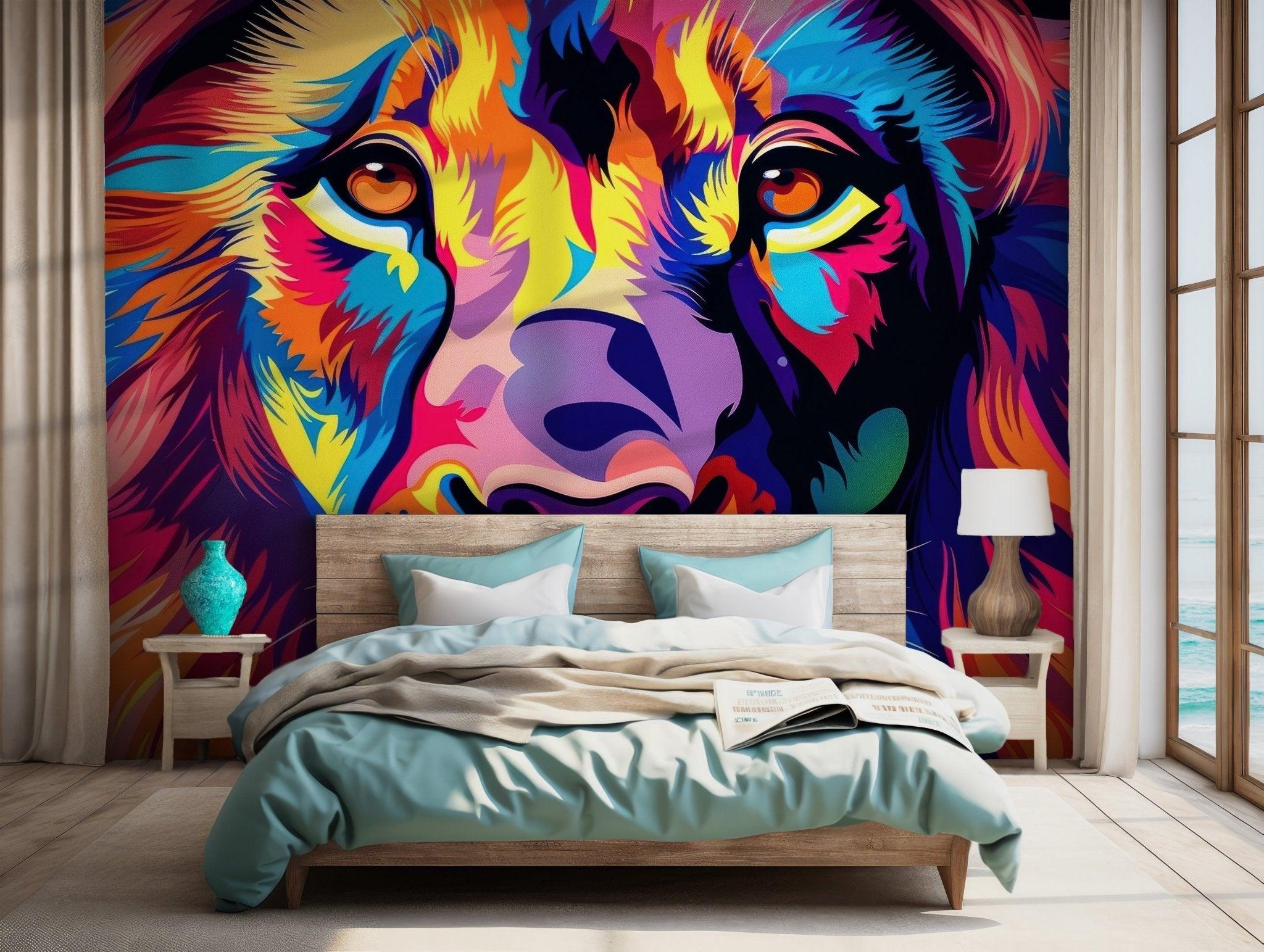 Lion Vibrant Jungle King Wallpaper - Peel and Stick Wall Mural - Bold Pop Art Colorful Animal BV229