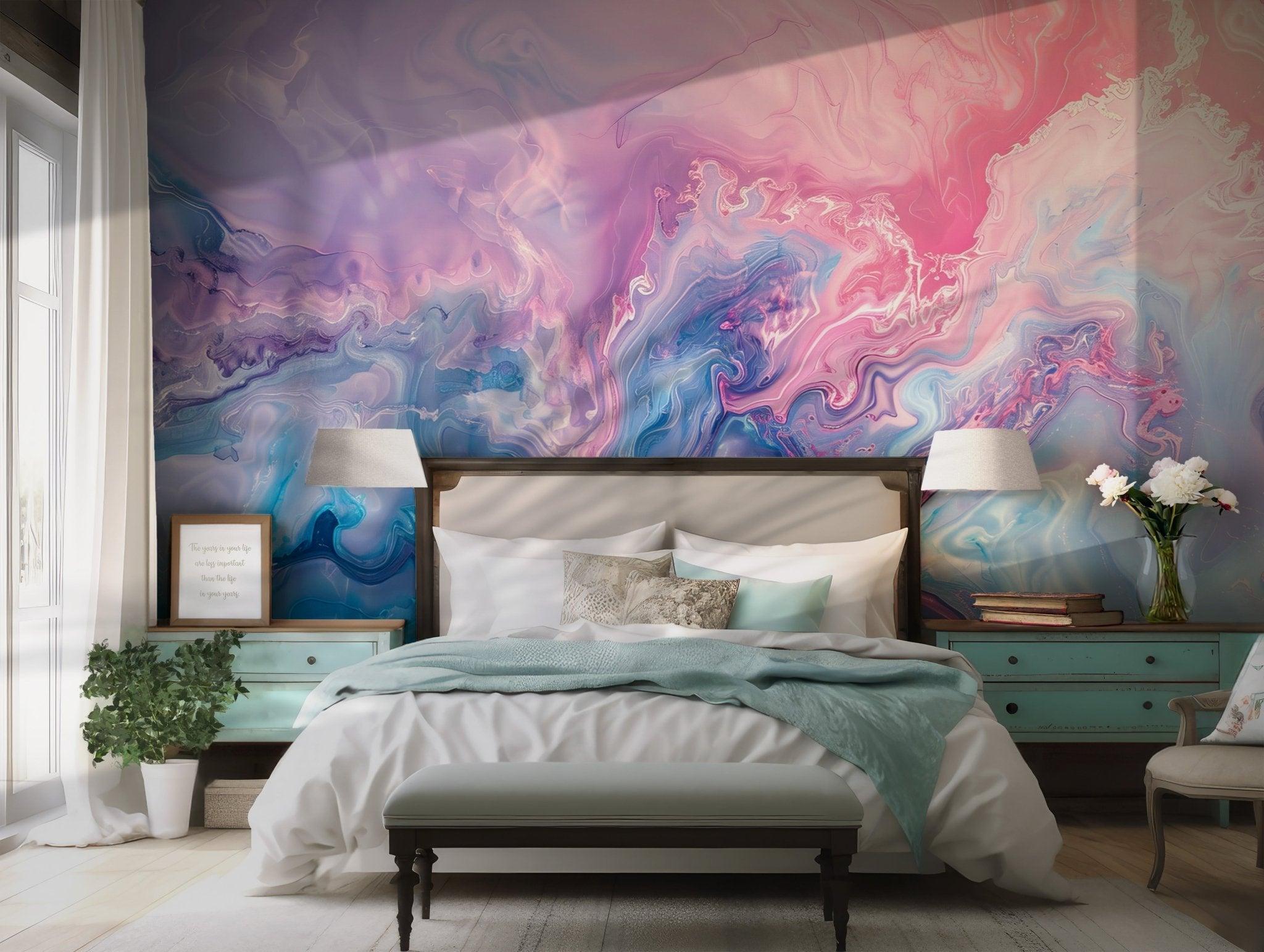 Liquid Gradient Marble Wallpaper - Pink Purple Blue Pastel Rainbow - Peel and Stick Wall Mural BV202