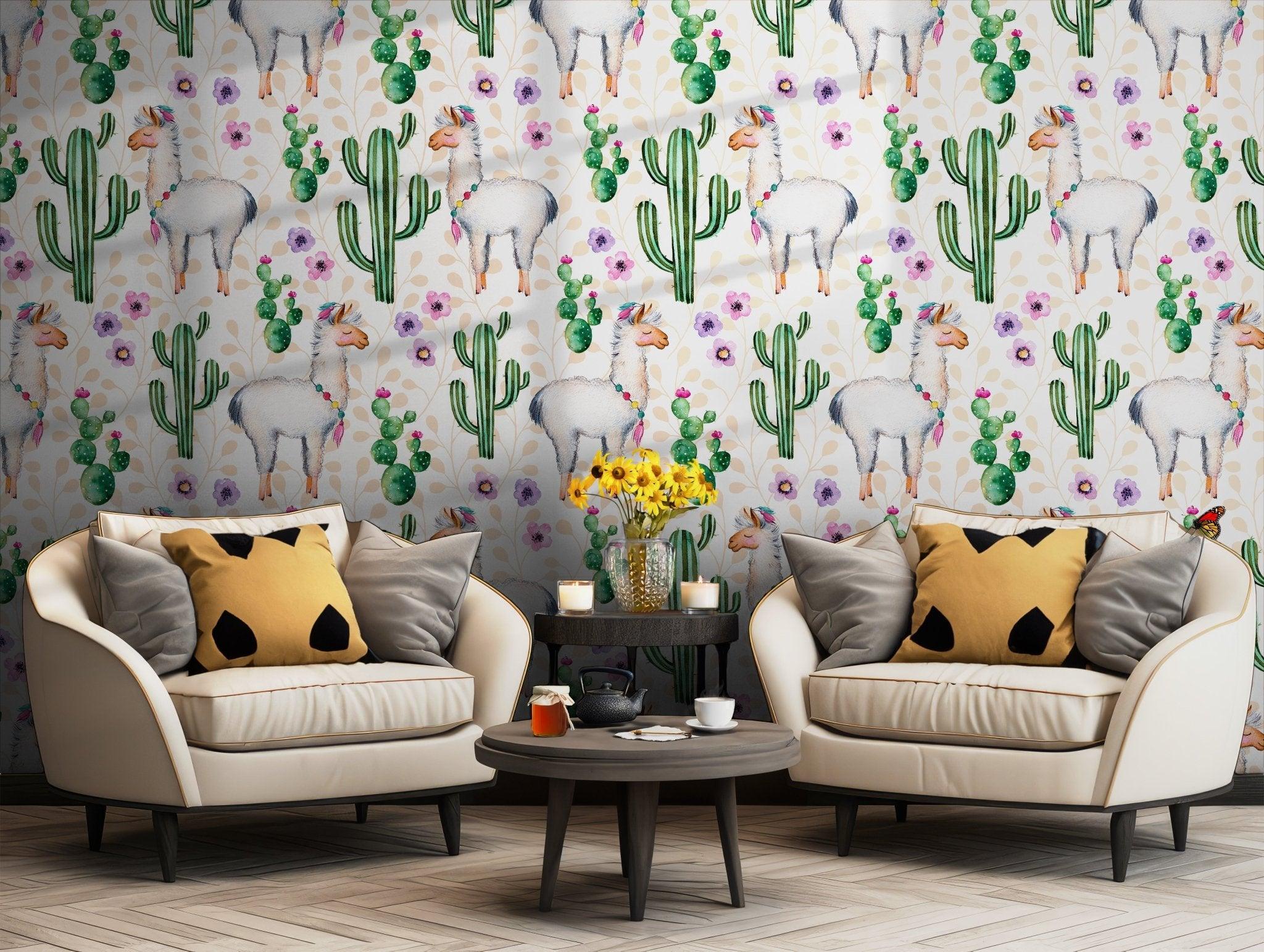 Llama Cactus Wallpaper - Self Adhesive Peel and Stick - Vibrant Whimsical Flowers Pattern Playful Room BV241