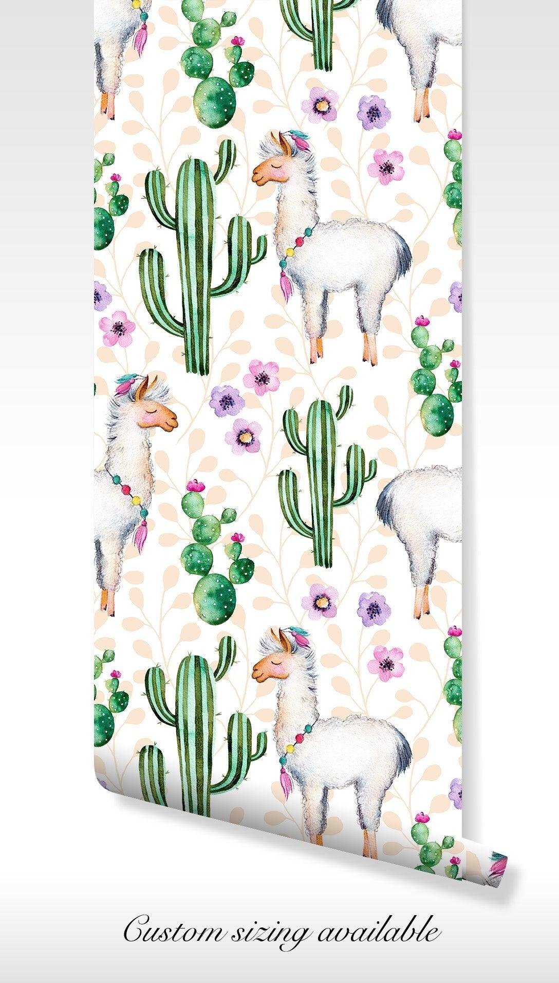 Llama Cactus Wallpaper - Self Adhesive Peel and Stick - Vibrant Whimsical Flowers Pattern Playful Room BV241