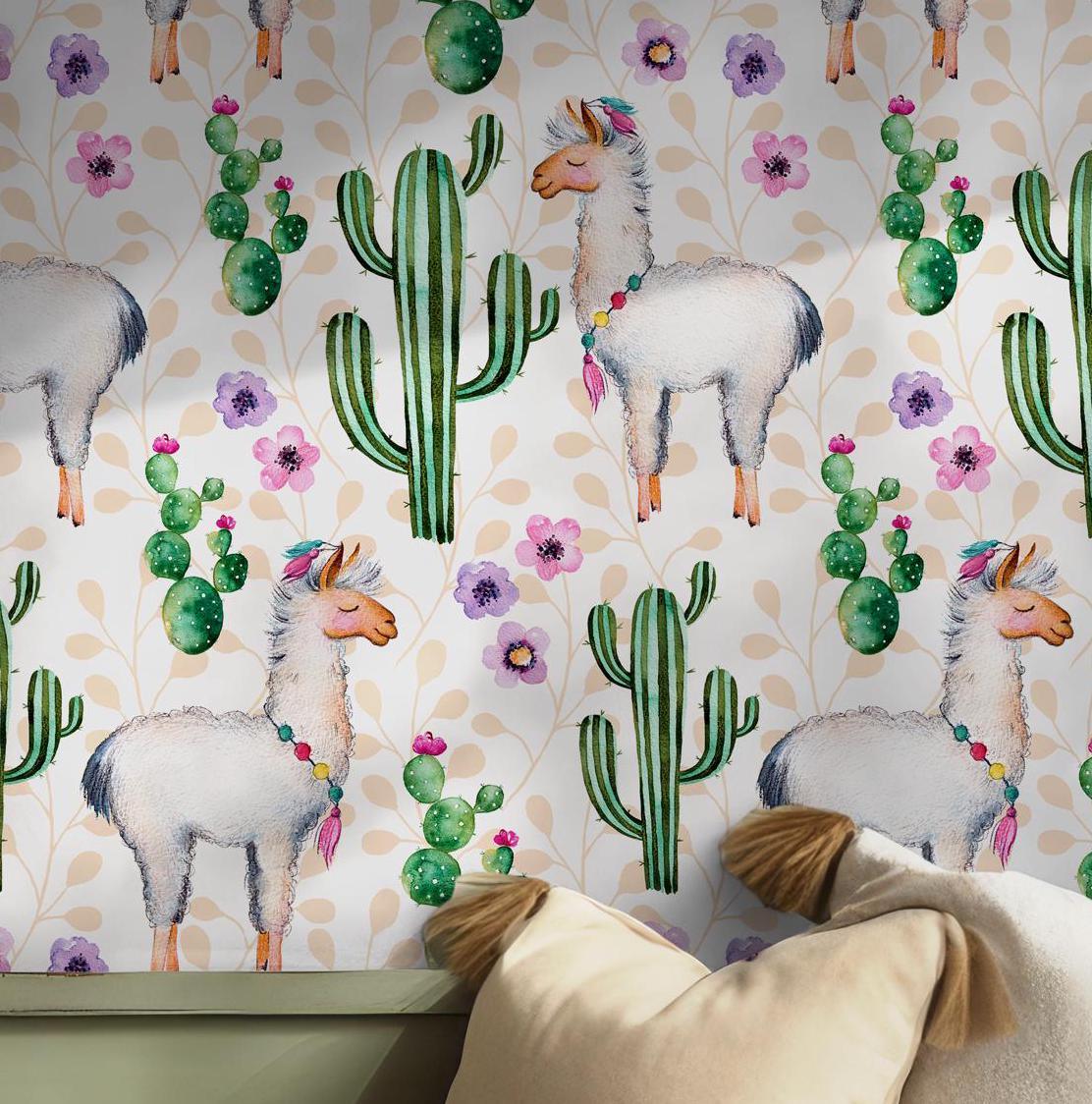 Llama Cactus Wallpaper - Self Adhesive Peel and Stick - Vibrant Whimsical Flowers Pattern Playful Room BV241