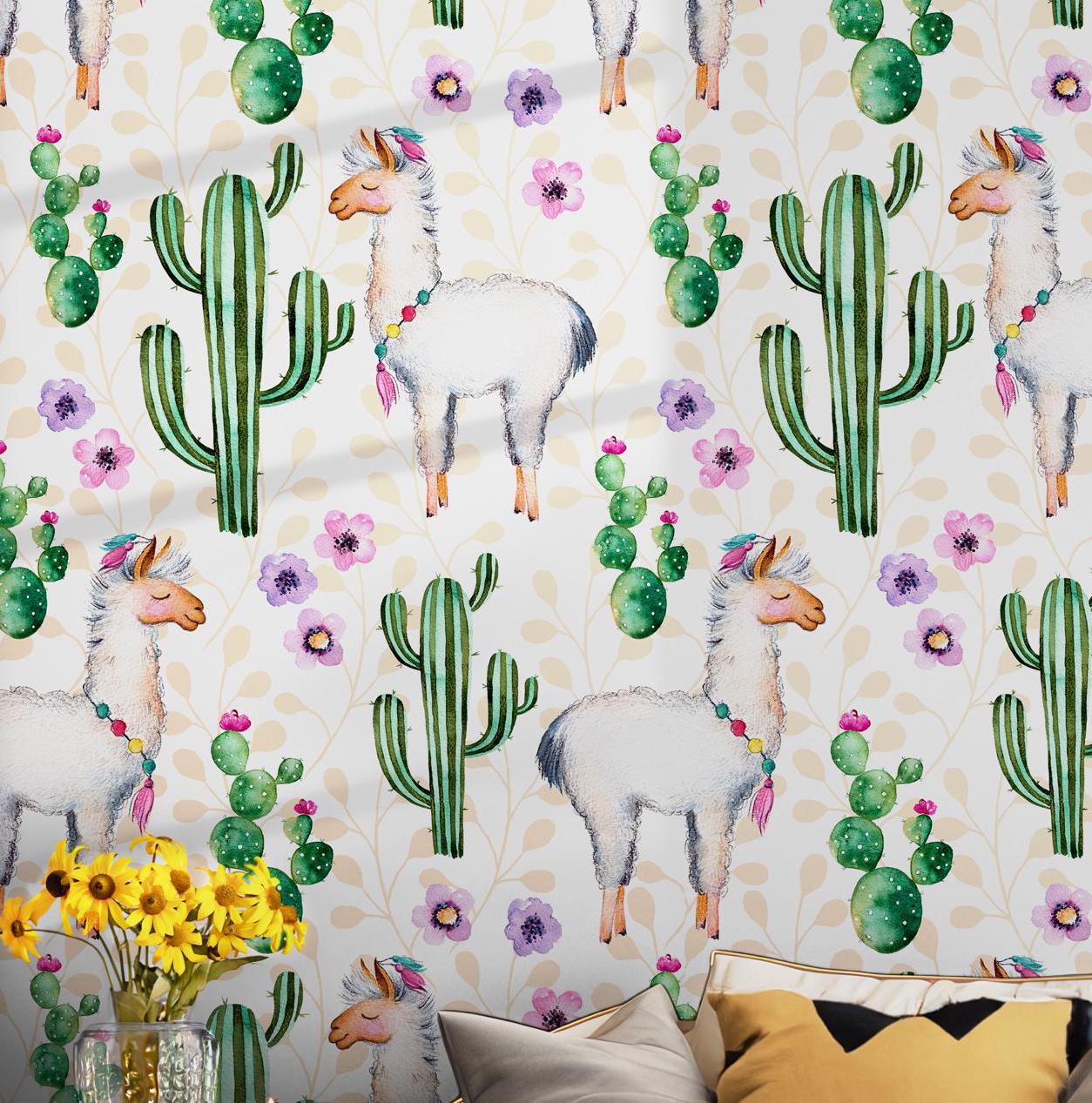 Llama Cactus Wallpaper - Self Adhesive Peel and Stick - Vibrant Whimsical Flowers Pattern Playful Room BV241