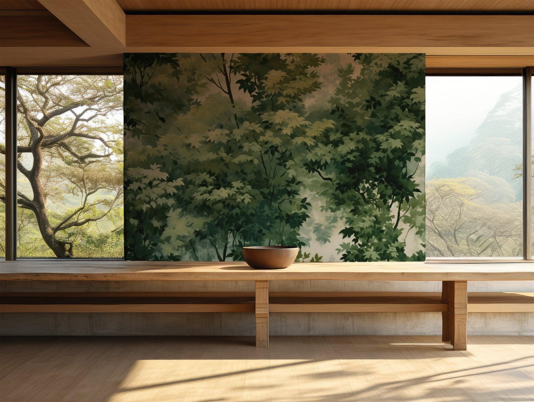 Lush Forest Scene Peel and Stick Mural - Green Canopy Trees Nature Wall Decal BV118