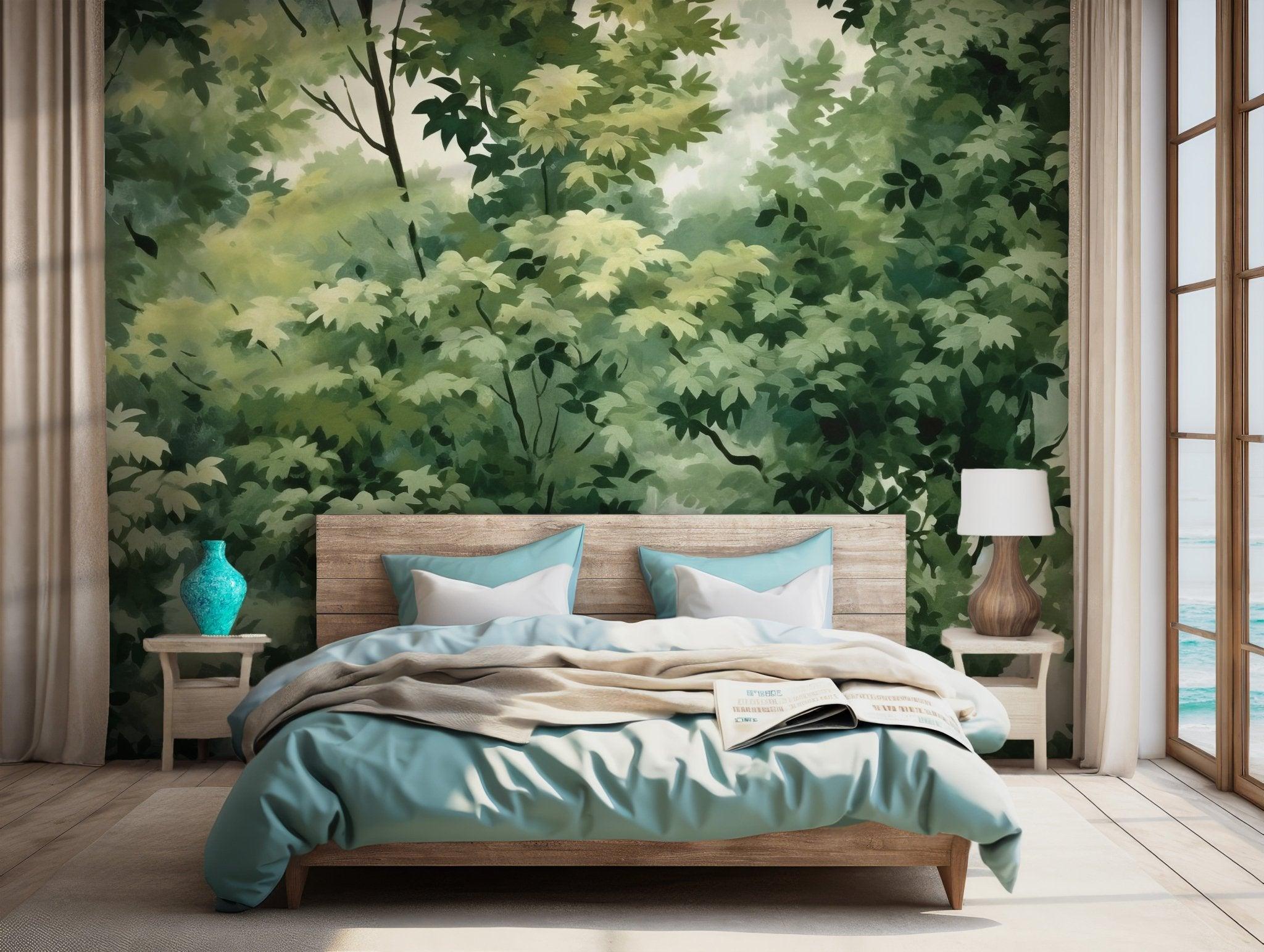 Lush Forest Scene Peel and Stick Mural - Green Canopy Trees Nature Wall Decal BV118