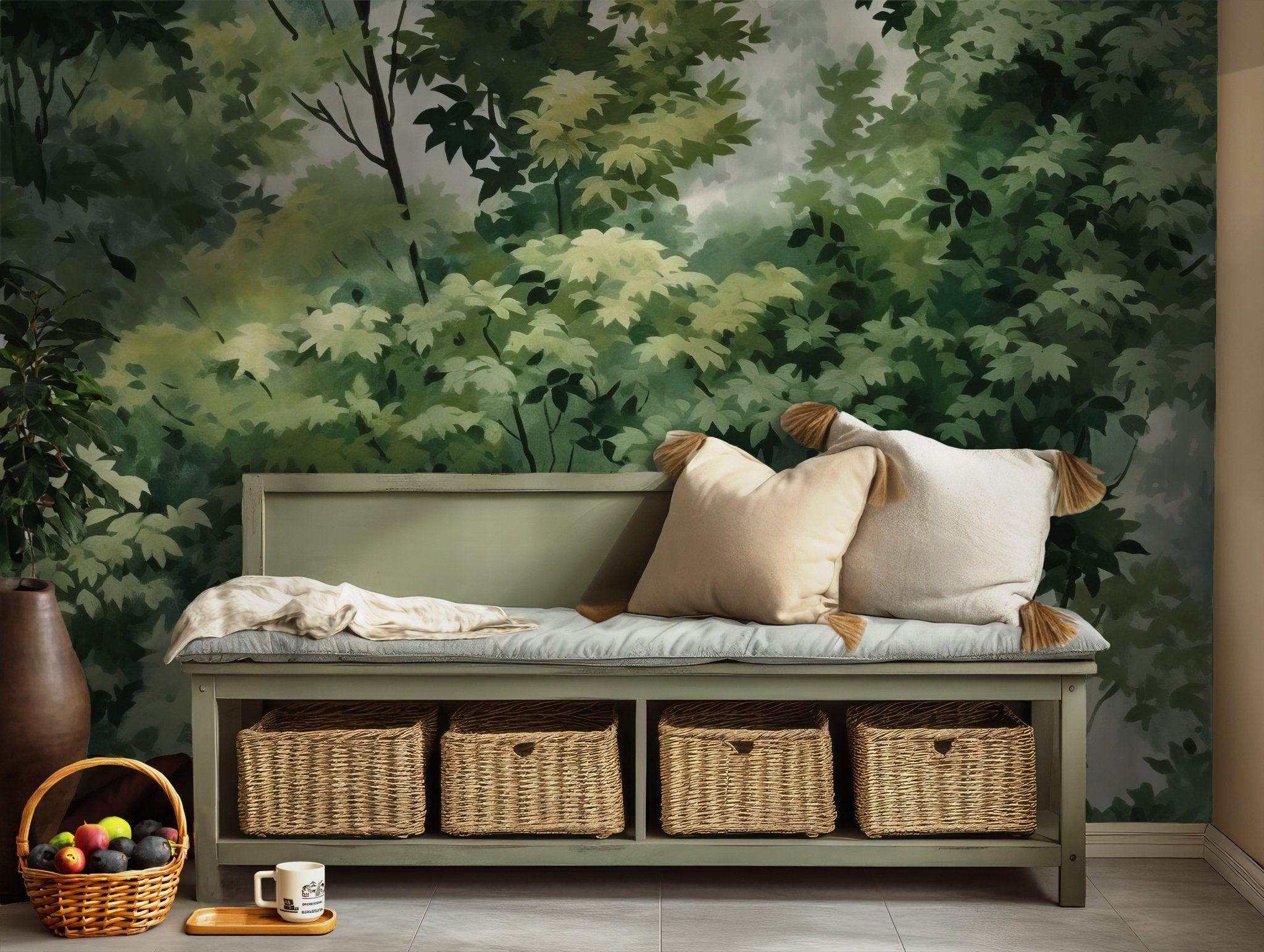 Lush Forest Scene Peel and Stick Mural - Green Canopy Trees Nature Wall Decal BV118