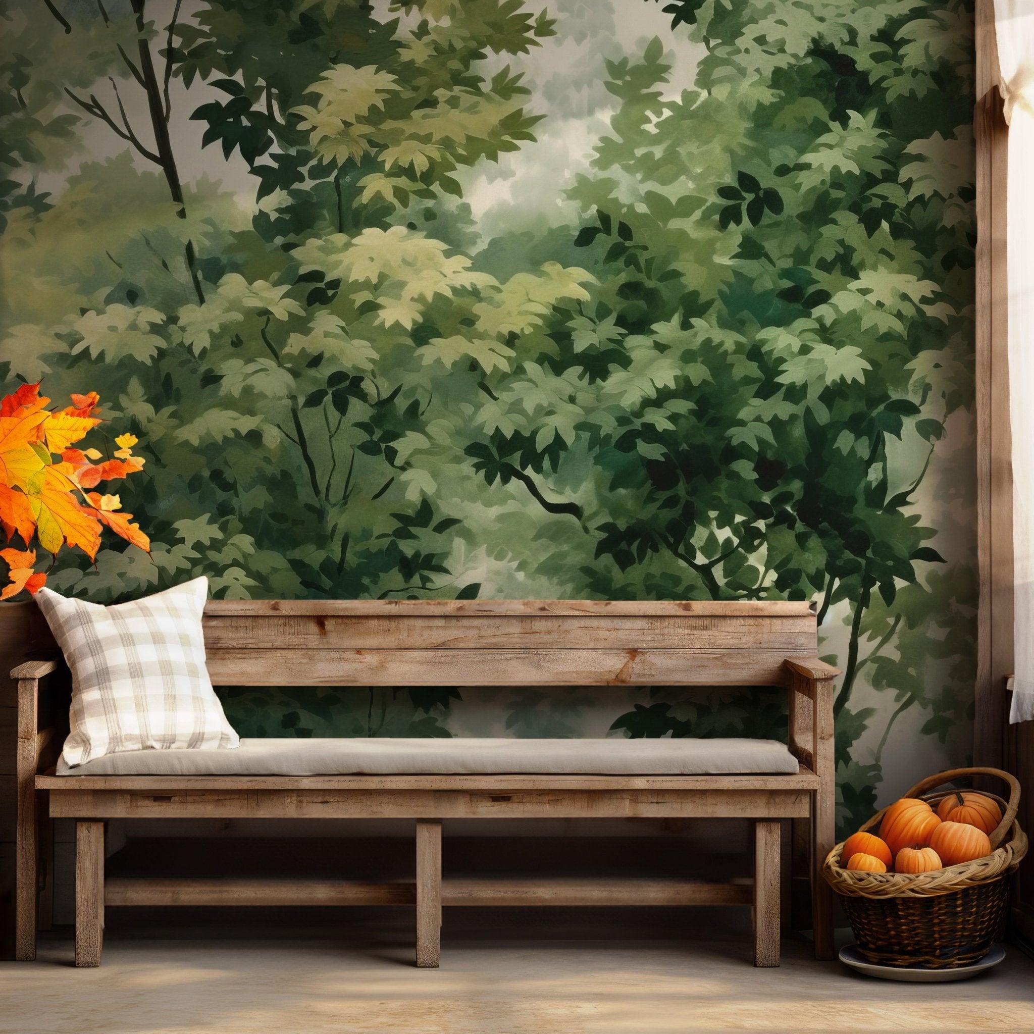 Lush Forest Scene Peel and Stick Mural - Green Canopy Trees Nature Wall Decal BV118