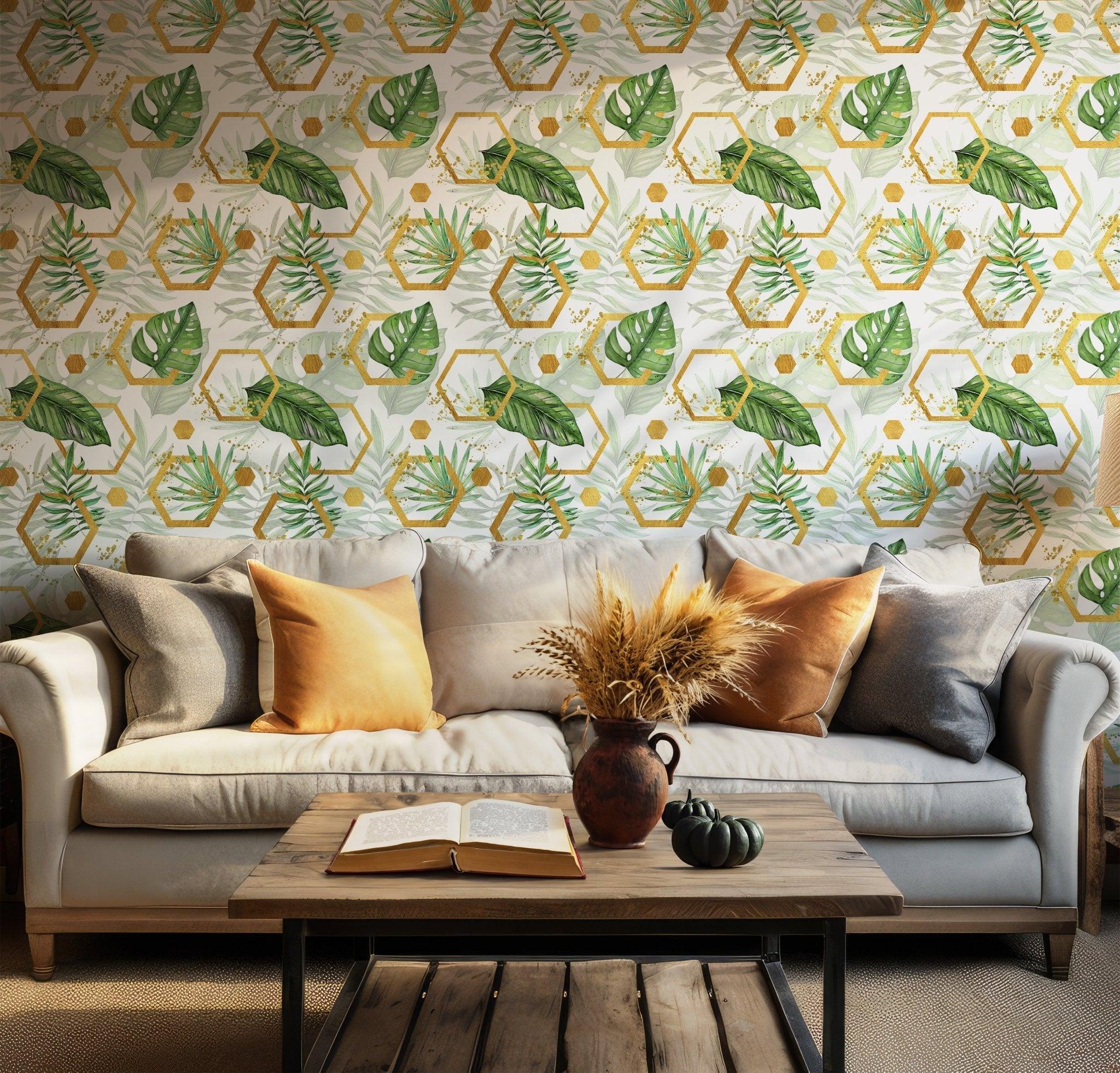 Vibrant green tropical leaves and gold hexagon patterns on temporary wallpaper ideal for renters and quick removable wall makeovers.