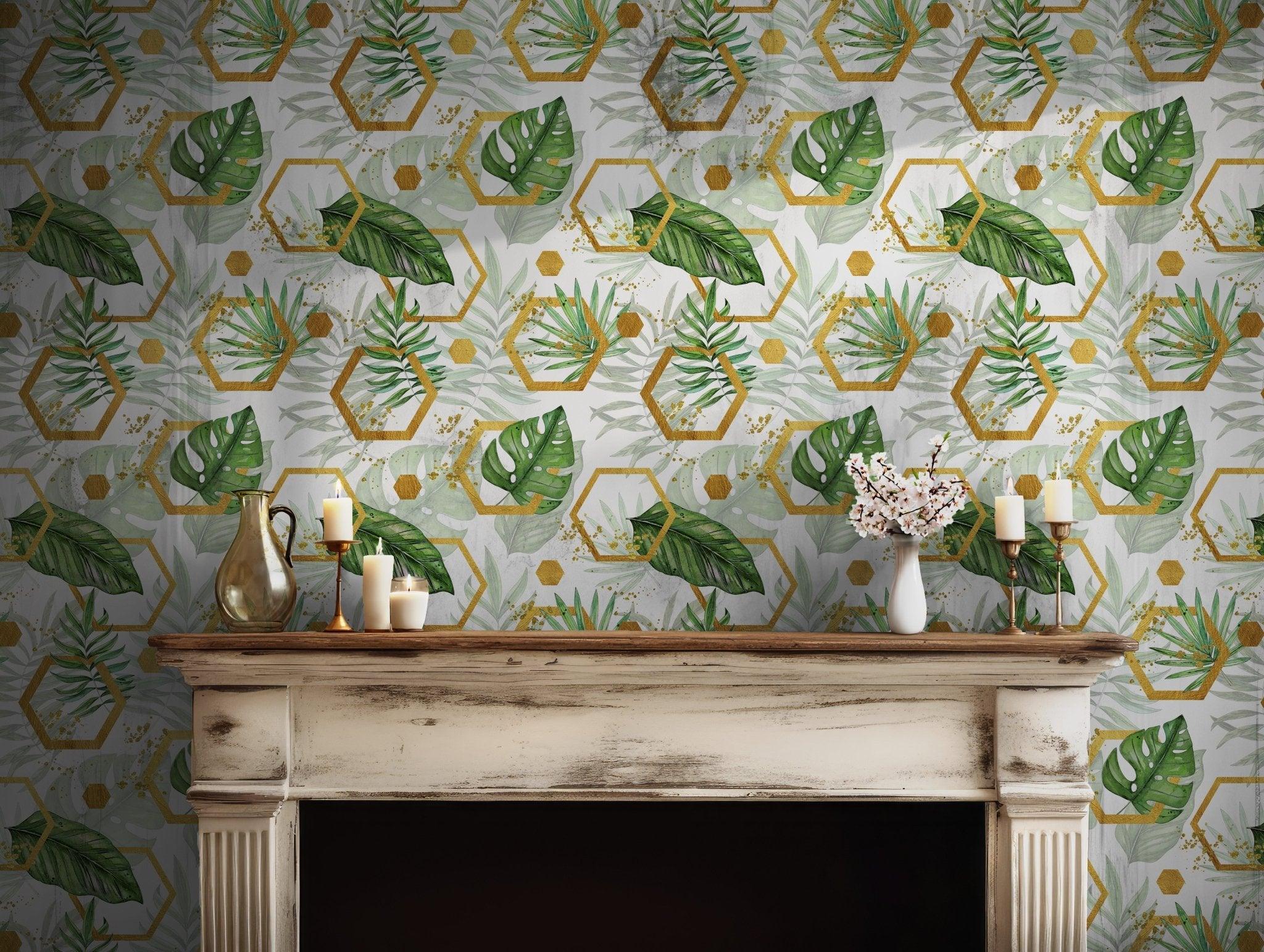 Tropical jungle pattern with green monstera leaves and gold hexagons printed on removable temporary wallpaper perfect for nature-inspired walls.