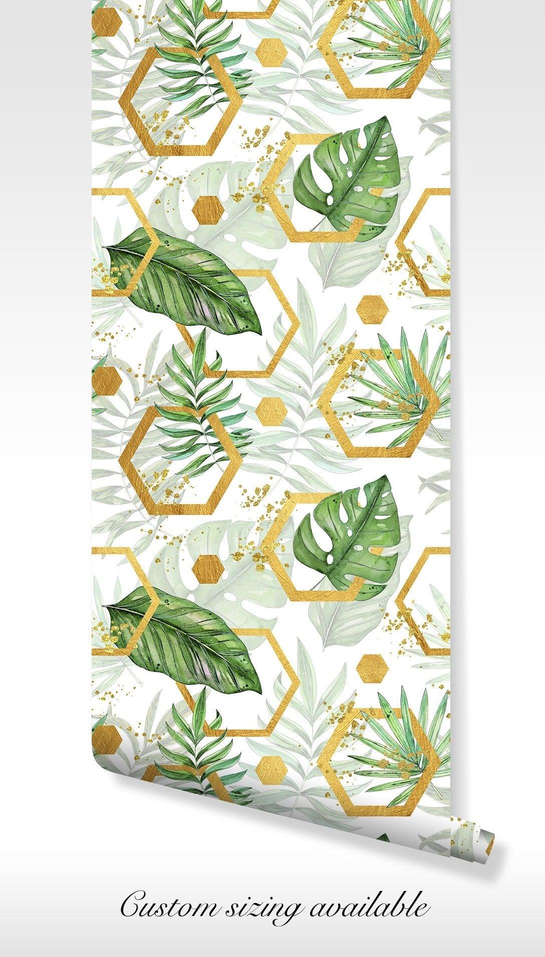 Bold tropical foliage paired with golden shapes on removable wallpaper brings modern jungle tones to your walls with easy peel design.