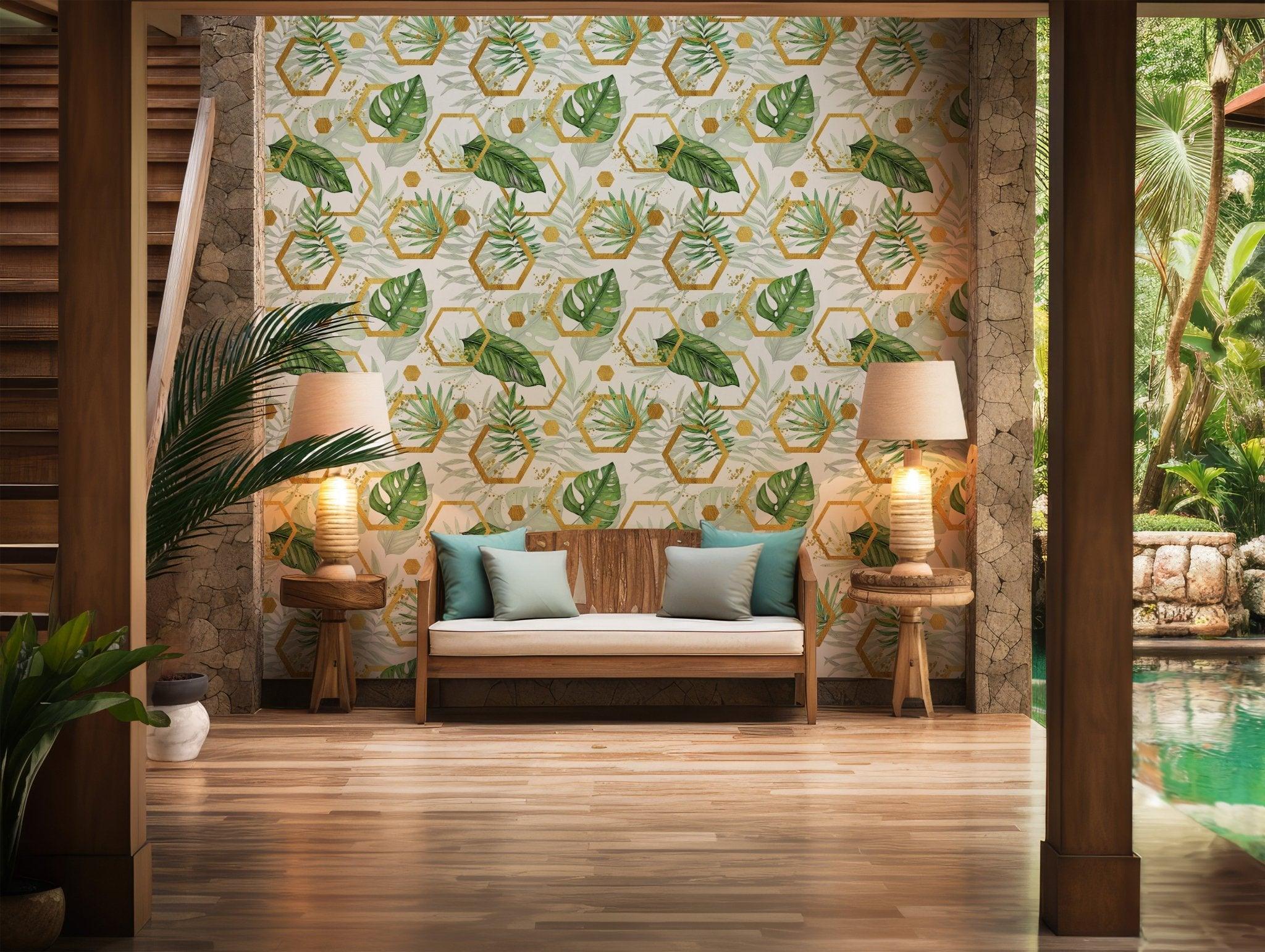 Green leafy print on peel and stick temporary wallpaper with soft watercolor background and modern gold geometry for any space.