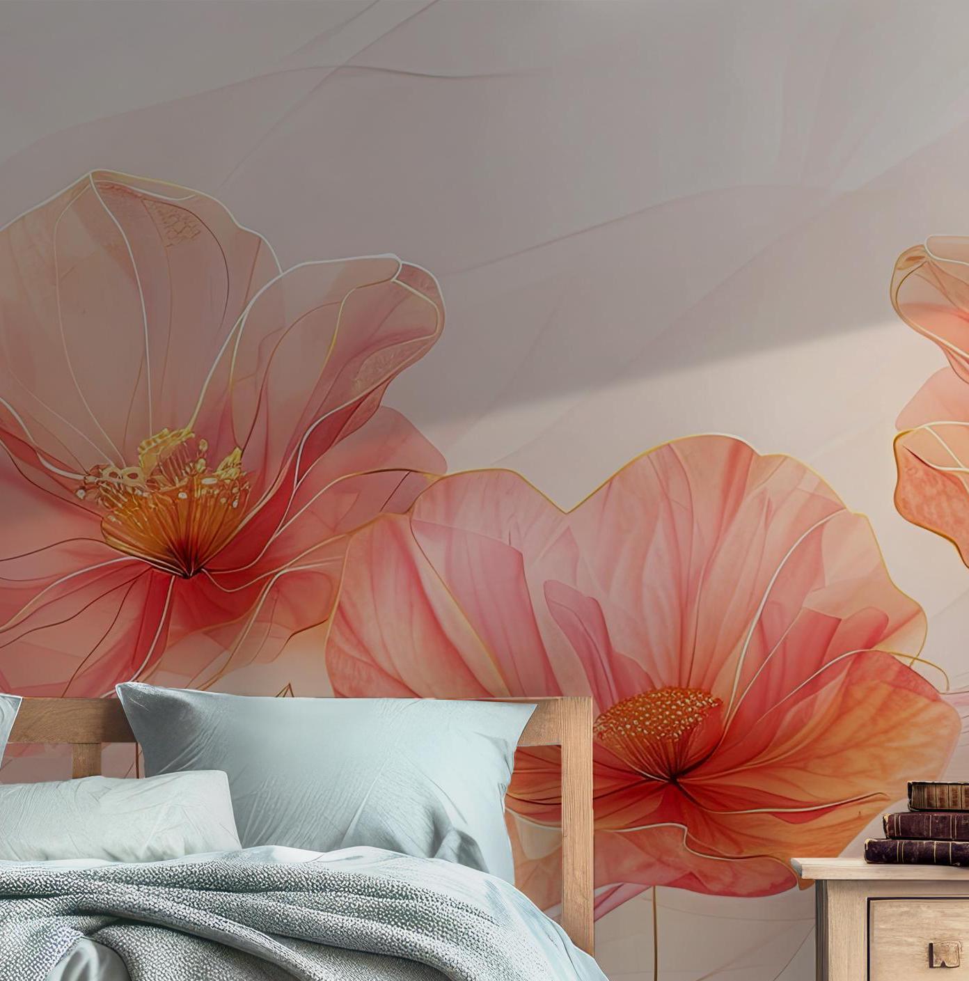 Minimalist Blush Flower Wallpaper Mural - Pink Peach Soft Floral Art - Peel and Stick Removable BV145