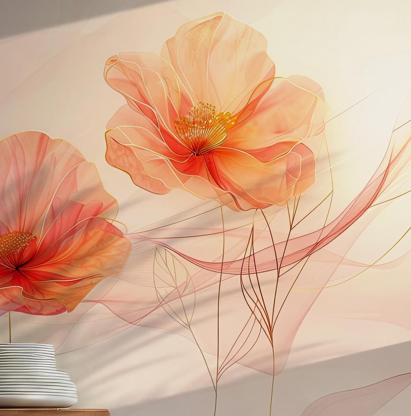 Minimalist Blush Flower Wallpaper Mural - Pink Peach Soft Floral Art - Peel and Stick Removable BV145