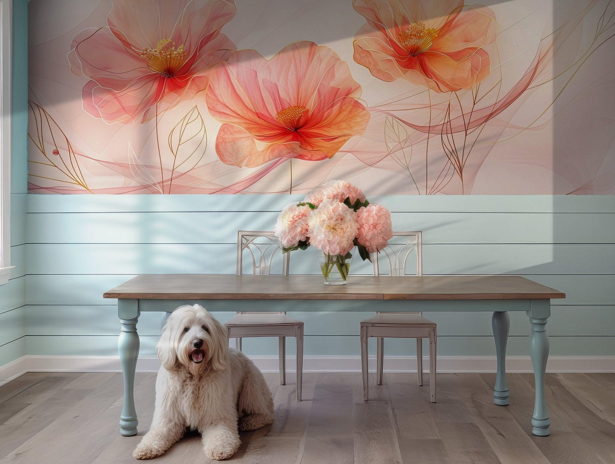 Minimalist Blush Flower Wallpaper Mural - Pink Peach Soft Floral Art - Peel and Stick Removable BV145