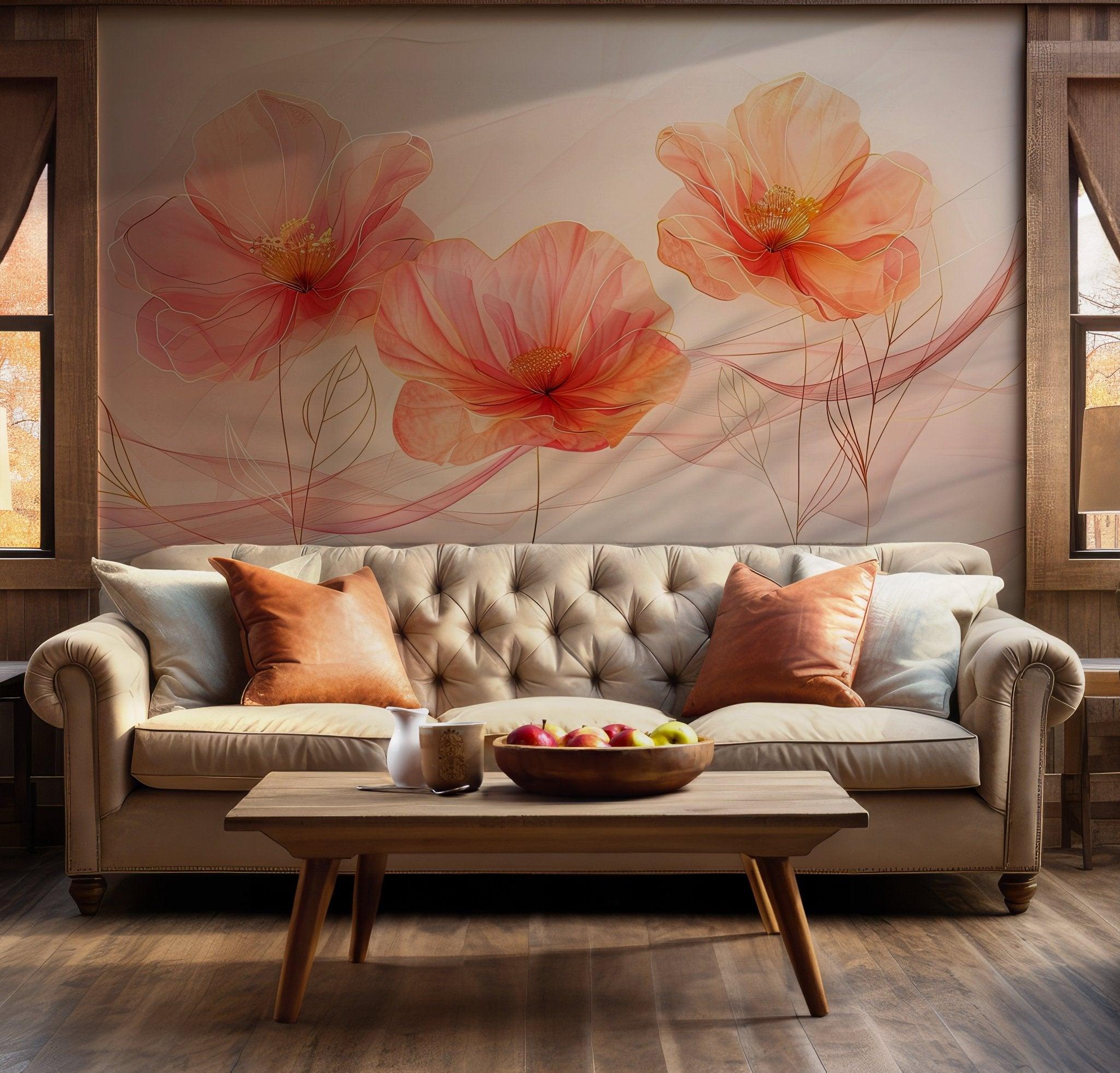 Minimalist Blush Flower Wallpaper Mural - Pink Peach Soft Floral Art - Peel and Stick Removable BV145