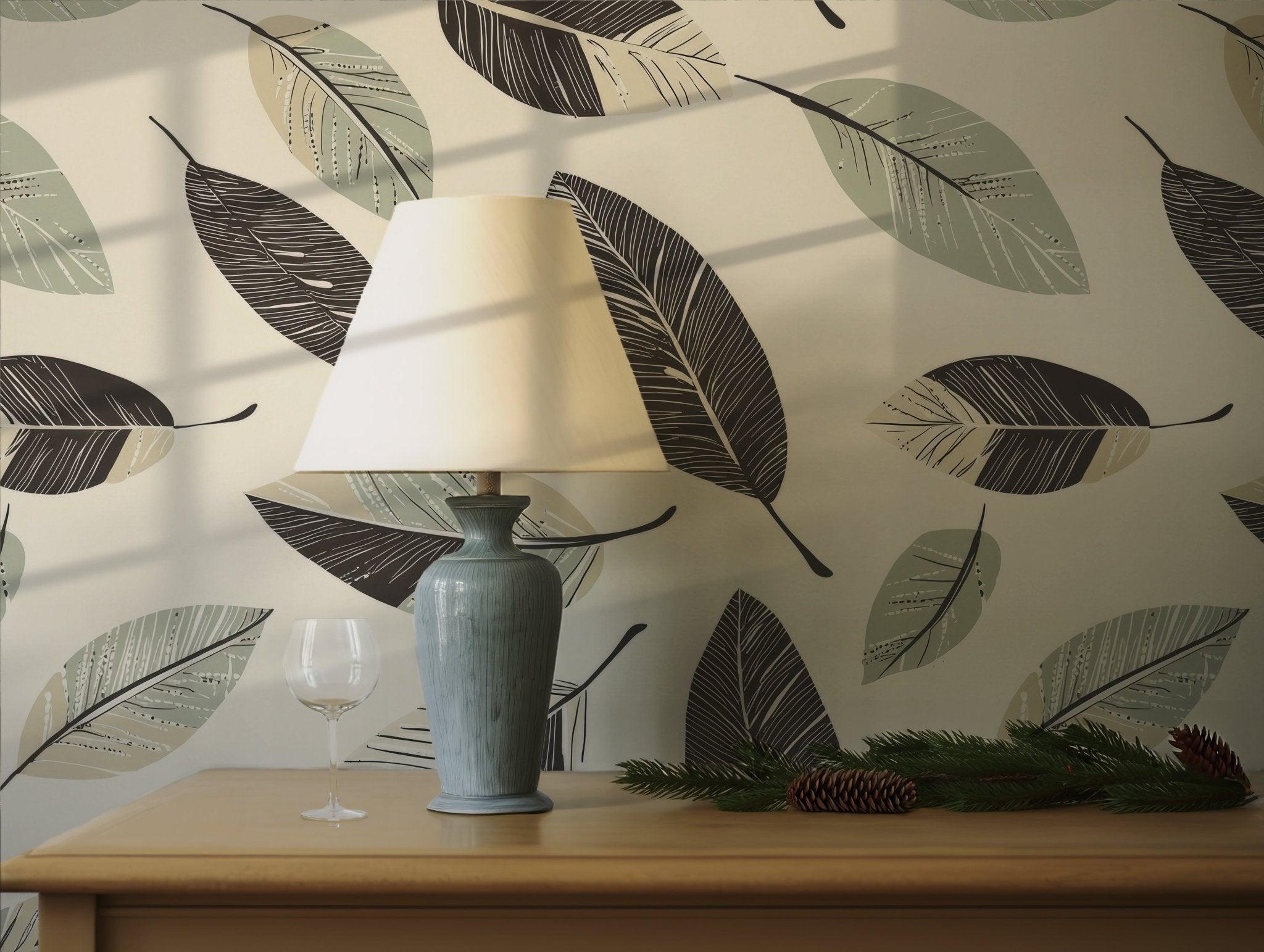 Neutral leaf pattern in botanical sketch style, printed on peel and stick removable wallpaper ideal for modern temporary spaces.