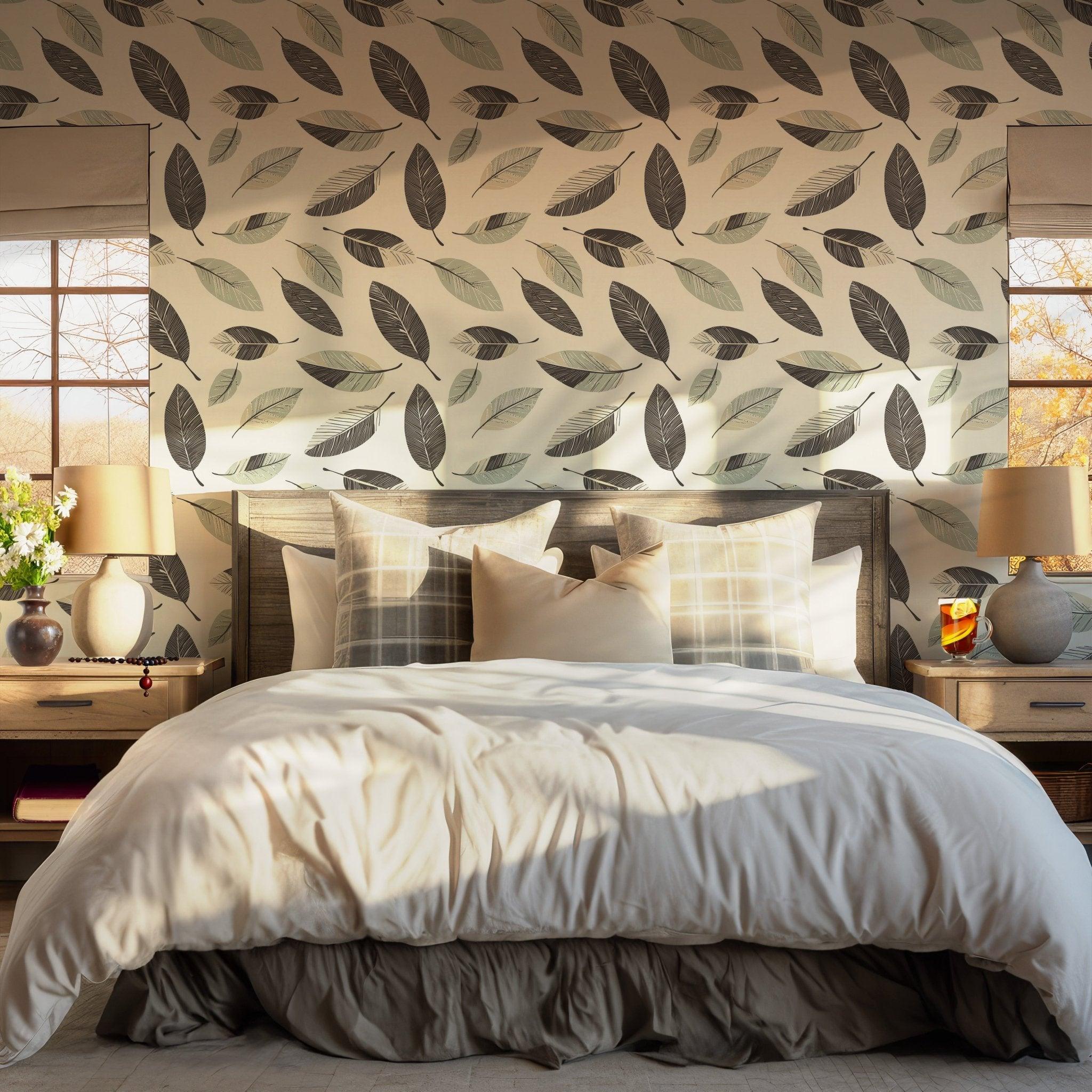 Hand-sketched leaf design in natural tones, featured on easy to remove temporary wallpaper perfect for fast renter makeovers.