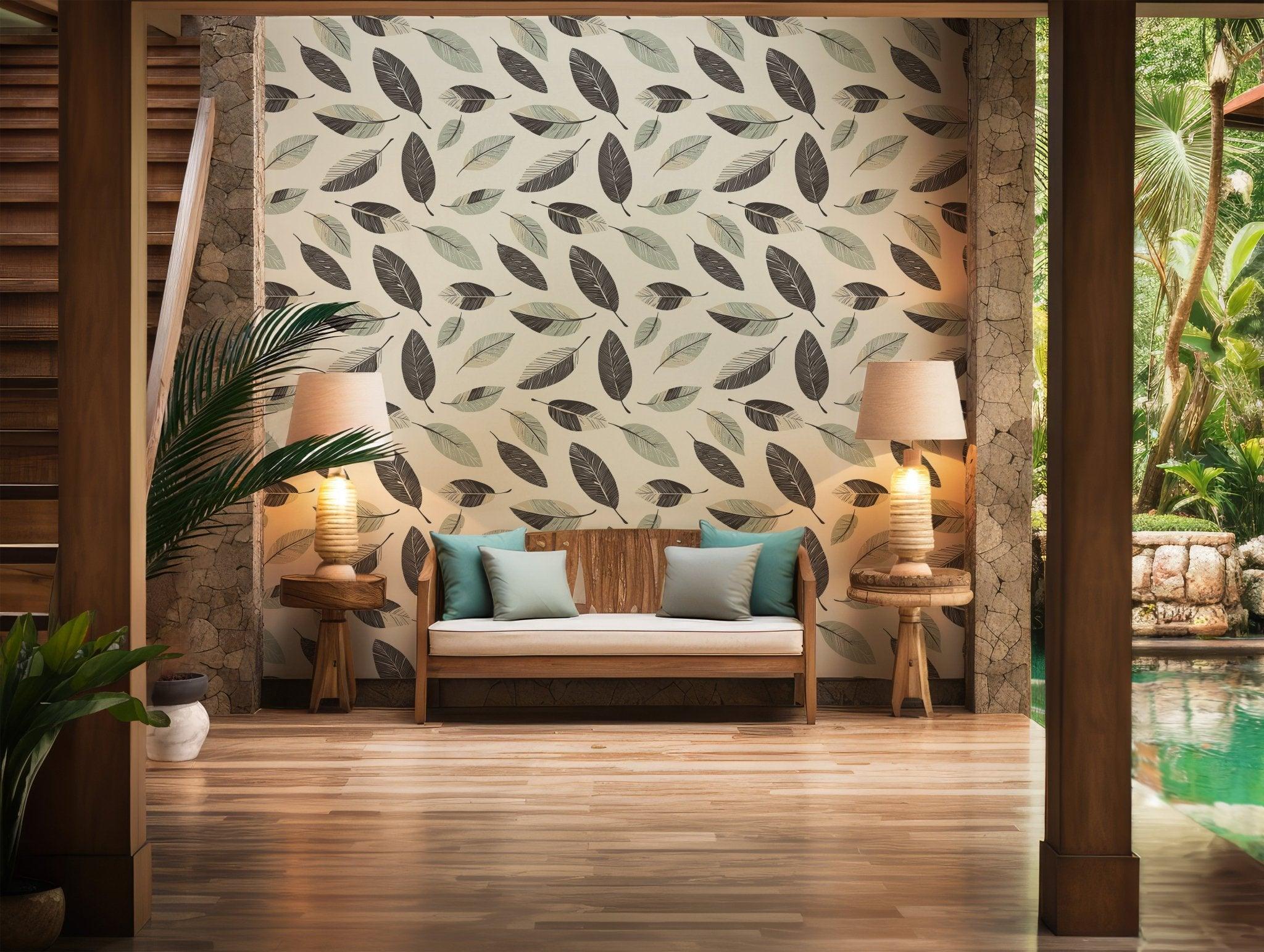 Soft beige background with neutral leaves in charcoal and green, peel and stick temporary wallpaper safe for walls and rentals.