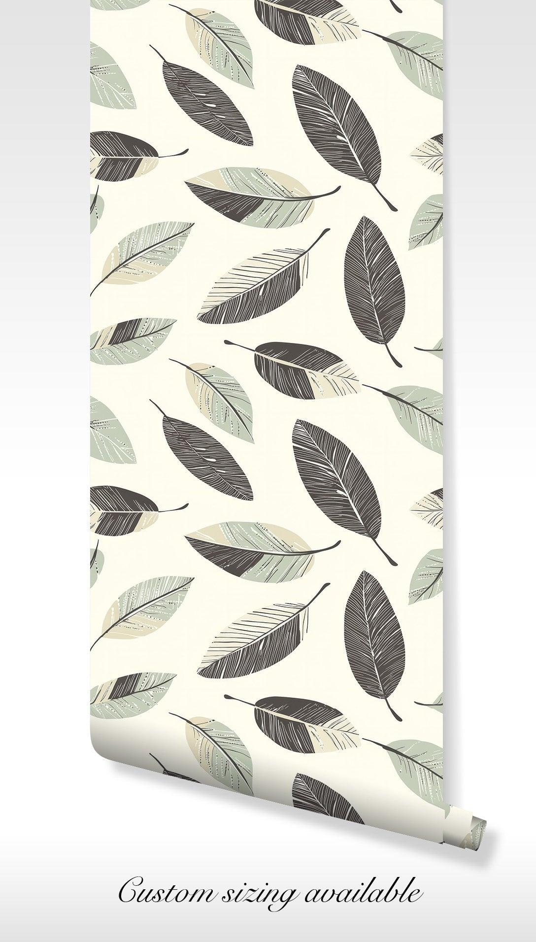 Green and black botanical design on soft beige, easy to apply removable wallpaper that makes walls feel fresh without commitment.