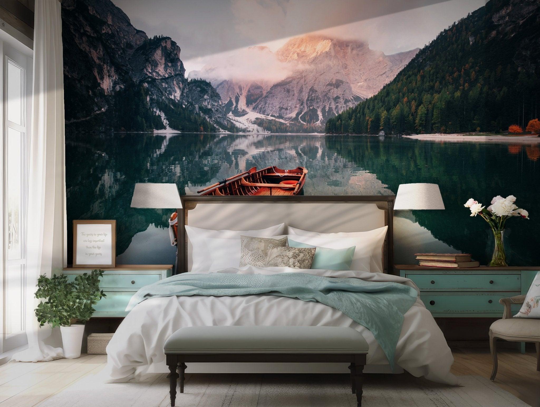 Mountain Lake Wallpaper - Self Adhesive Peel and Stick Wall Mural - Reflections Wooden Boat BV257