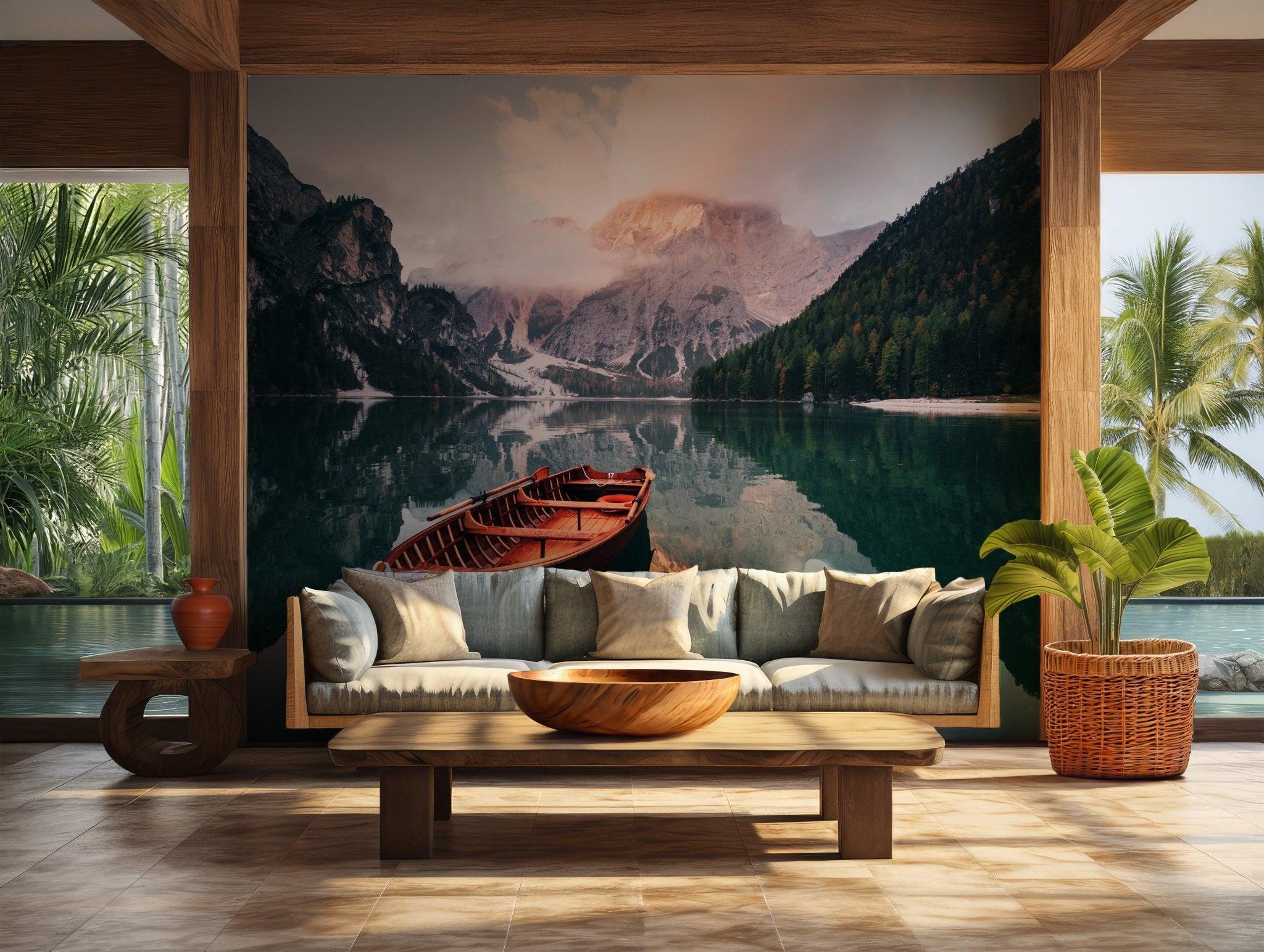 Mountain Lake Wallpaper - Self Adhesive Peel and Stick Wall Mural - Reflections Wooden Boat BV257