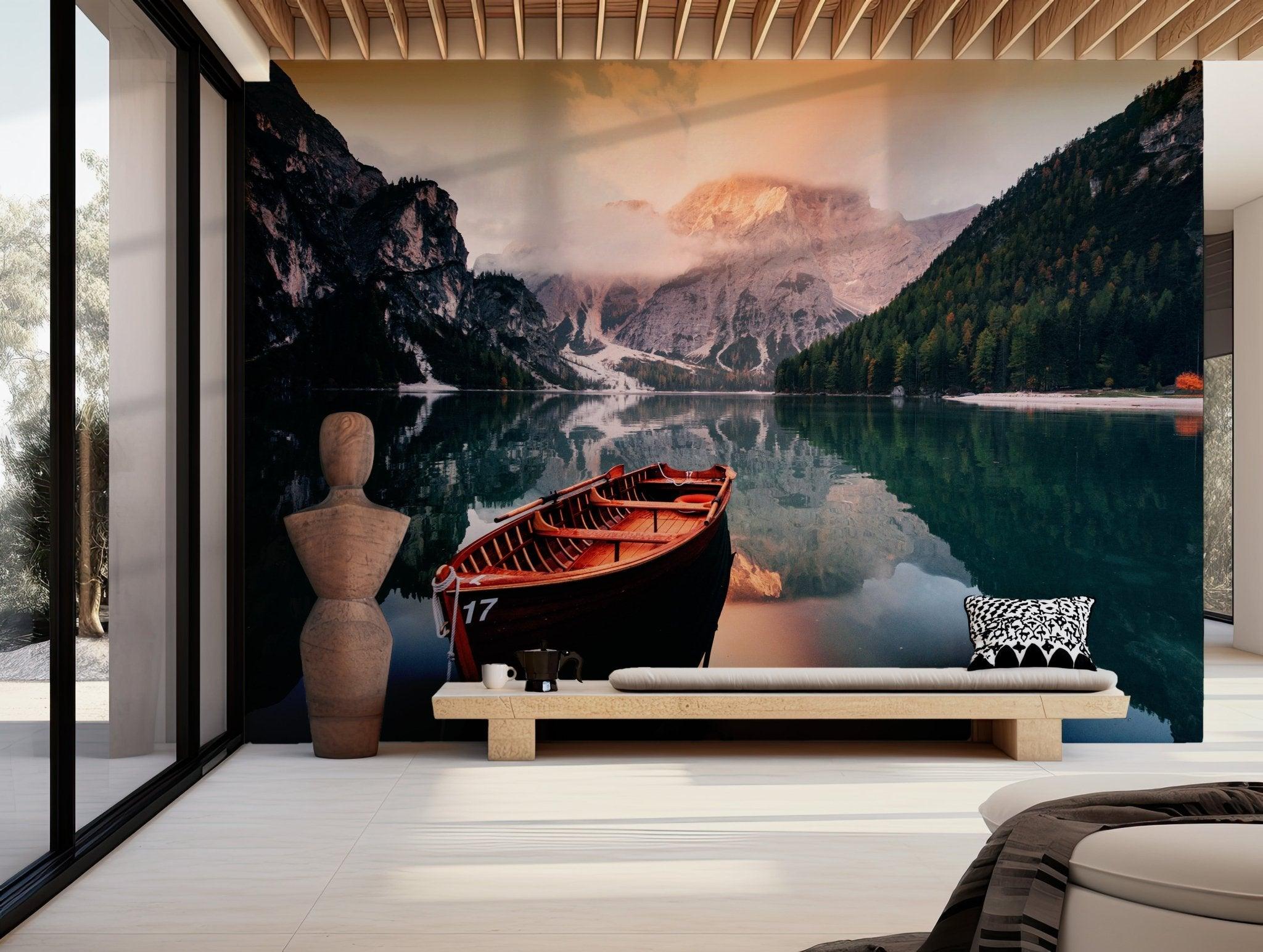 Mountain Lake Wallpaper - Self Adhesive Peel and Stick Wall Mural - Reflections Wooden Boat BV257