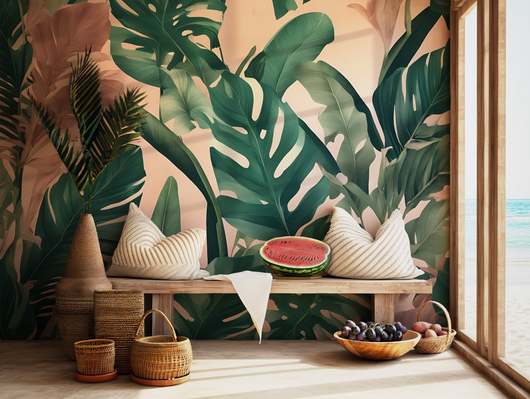 Mural Tropical Banana Leaves Plants Jungle Peel and Stick Self Adhesive Botanical Watercolor Green BV103