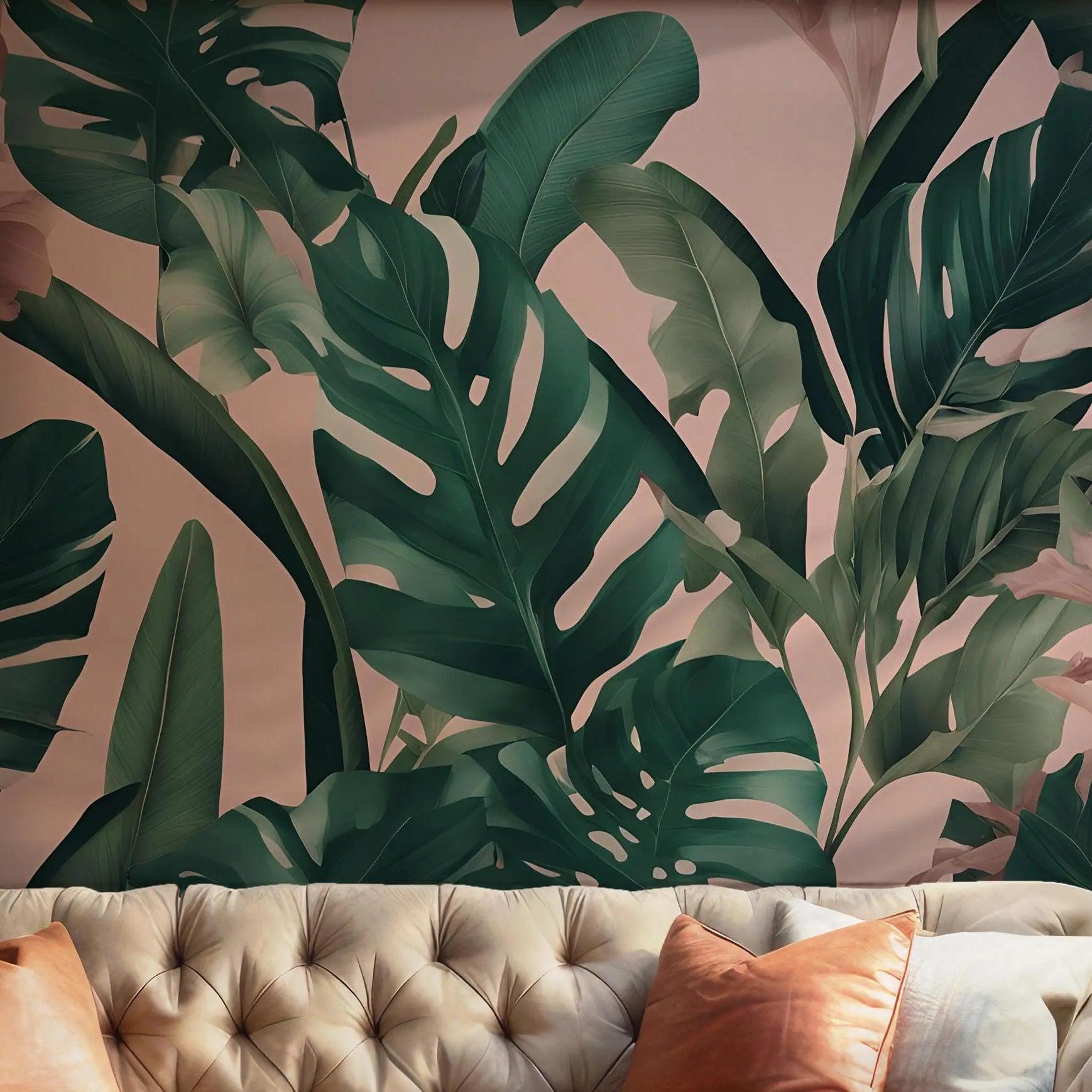 Tropical Banana Leaves Wallpaper - Peel and Stick Wall Mural - Green Plants Jungle Botanical BV103