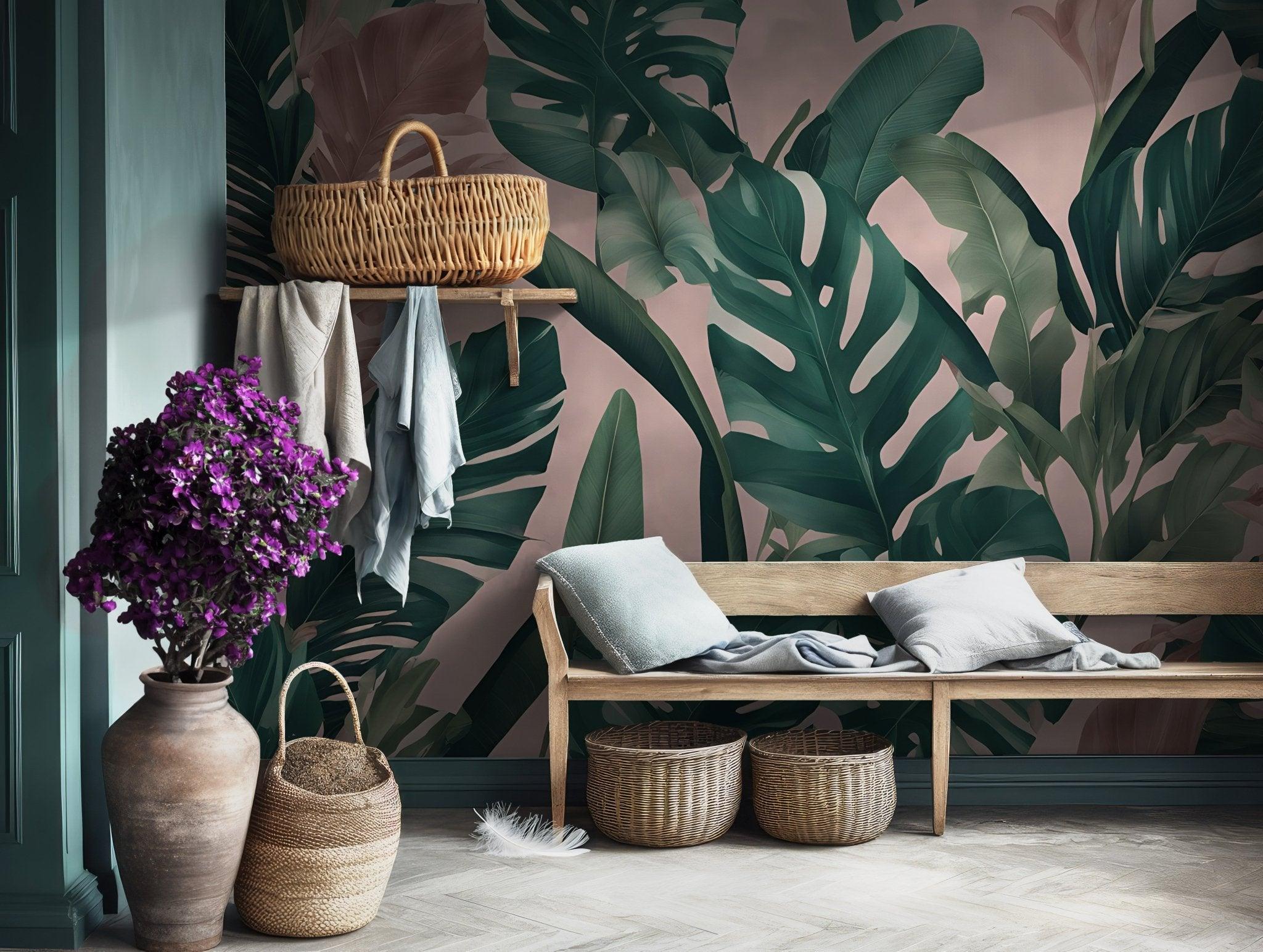 Tropical Banana Leaves Wallpaper - Peel and Stick Wall Mural - Green Plants Jungle Botanical BV103