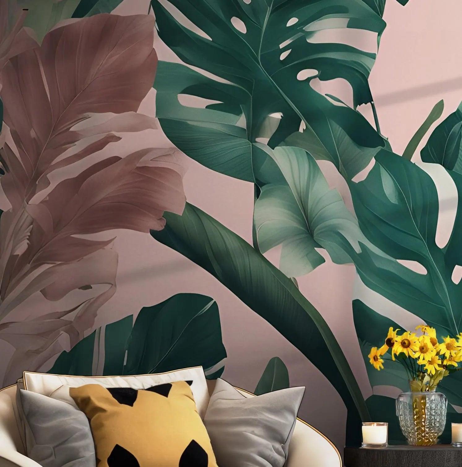 Tropical Banana Leaves Wallpaper - Peel and Stick Wall Mural - Green Plants Jungle Botanical BV103