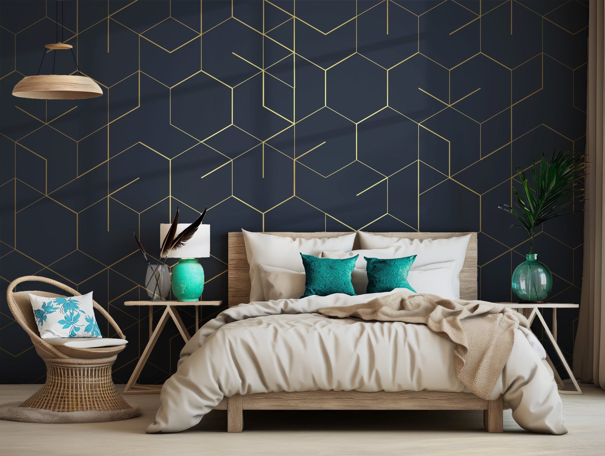 Blue Gold Modern Wallpaper - Peel and Stick Wall Mural - Navy Luxurious Geometric Accent BV263