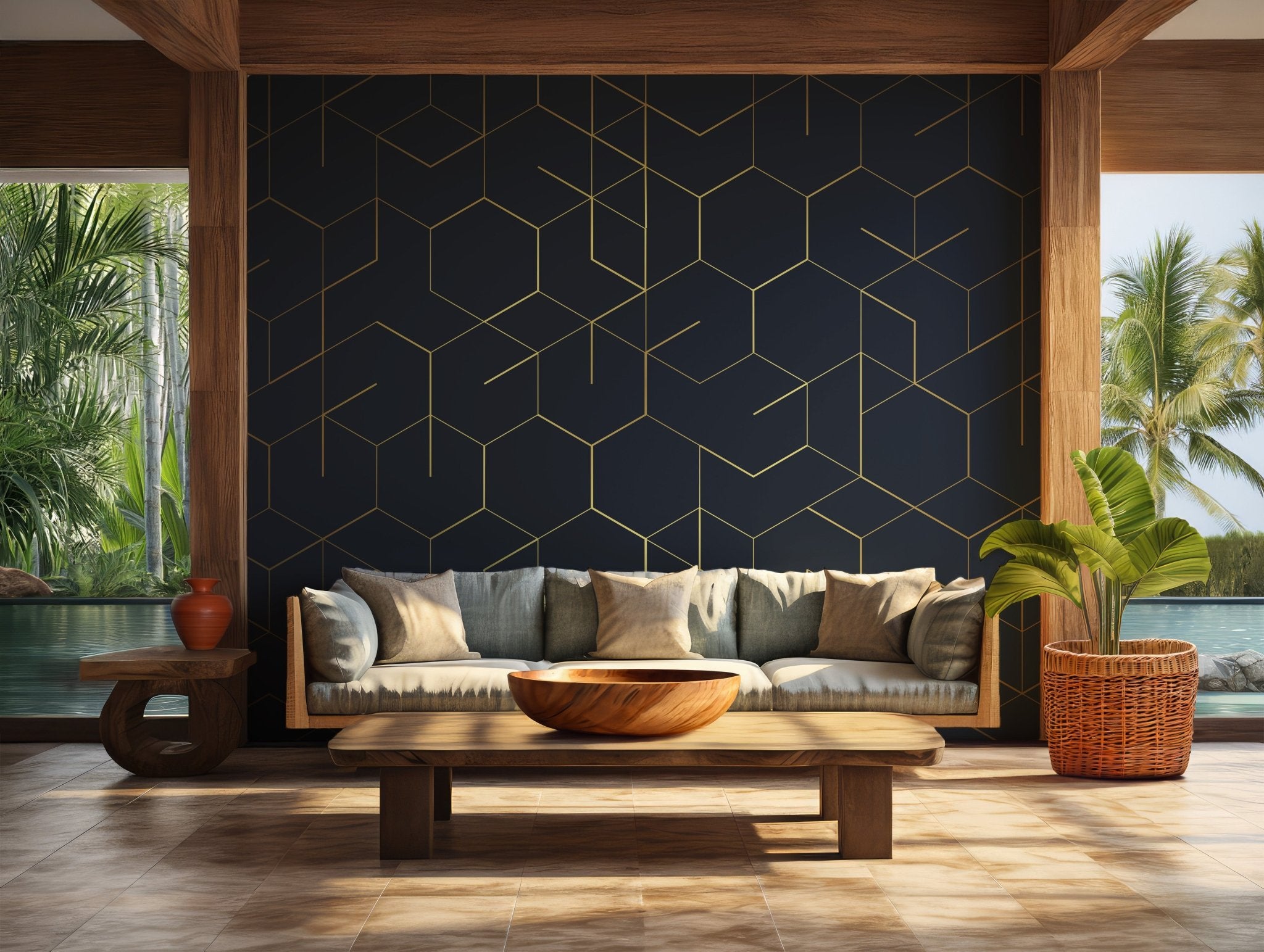 Blue Gold Modern Wallpaper - Peel and Stick Wall Mural - Navy Luxurious Geometric Accent BV263