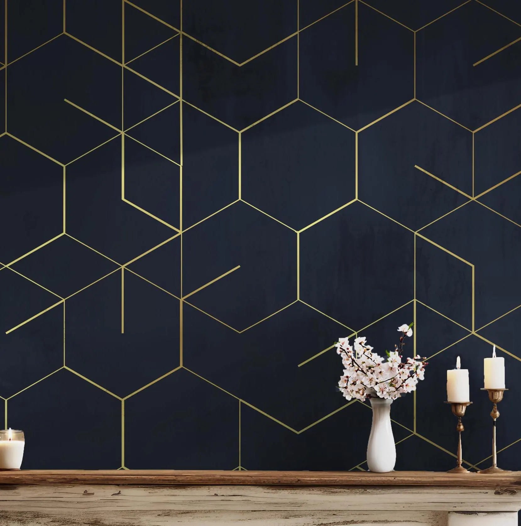 Blue Gold Modern Wallpaper - Peel and Stick Wall Mural - Navy Luxurious Geometric Accent BV263