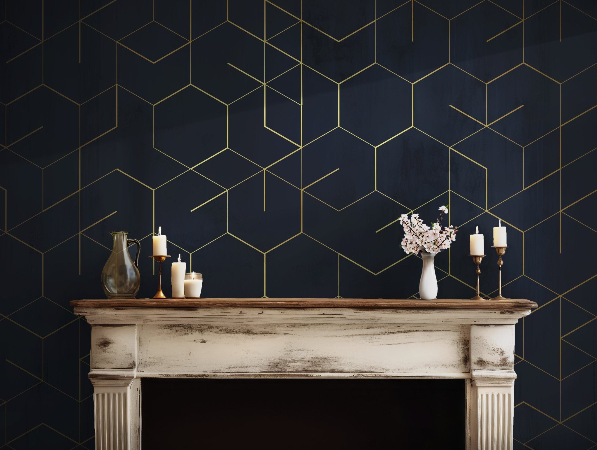 Blue Gold Modern Wallpaper - Peel and Stick Wall Mural - Navy Luxurious Geometric Accent BV263