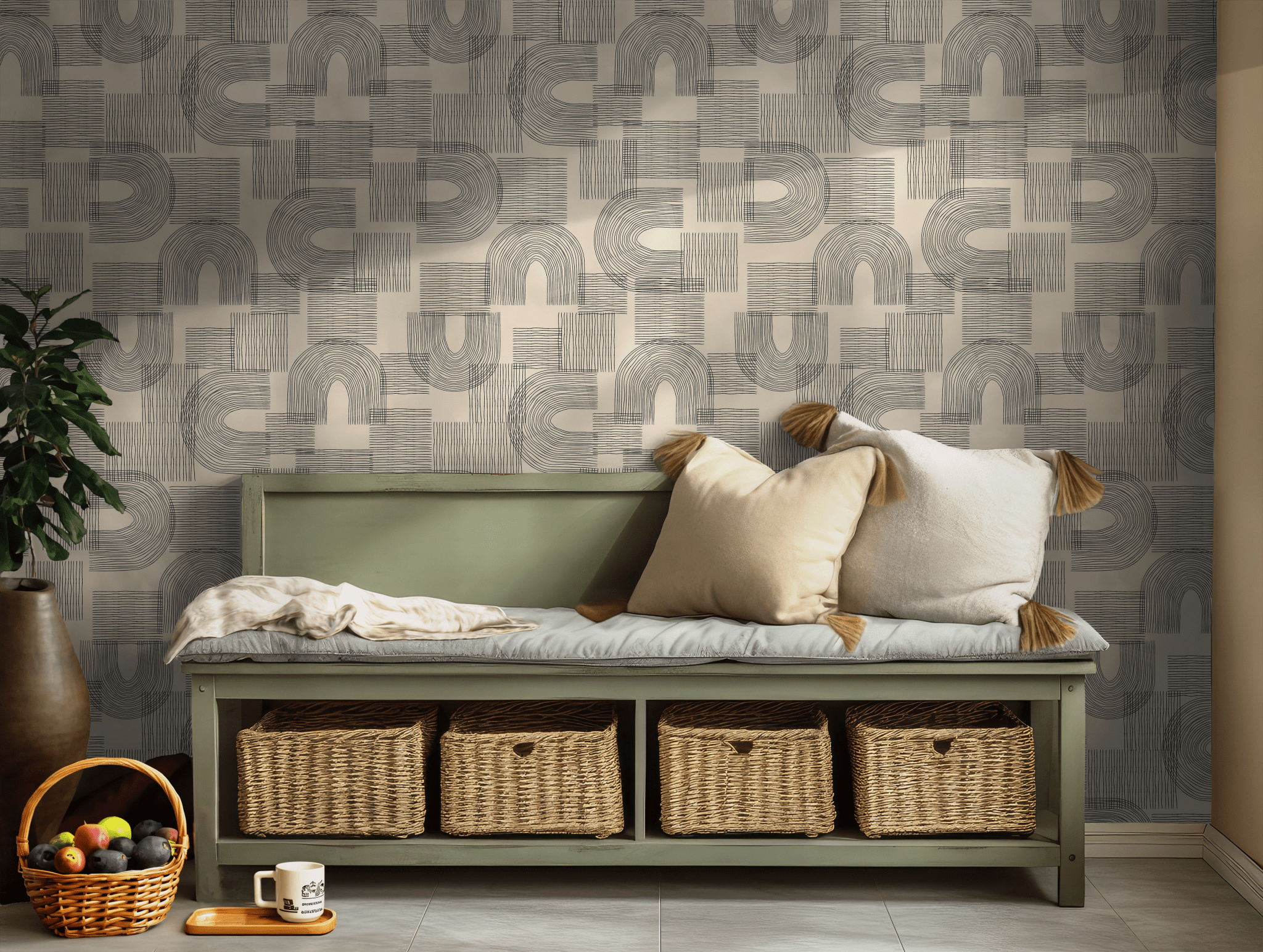 Neutral Beige and Black Self Adhesive Peel and Stick Wallpaper Minimalist Line Art Geometric Arches Linear Chic BV344