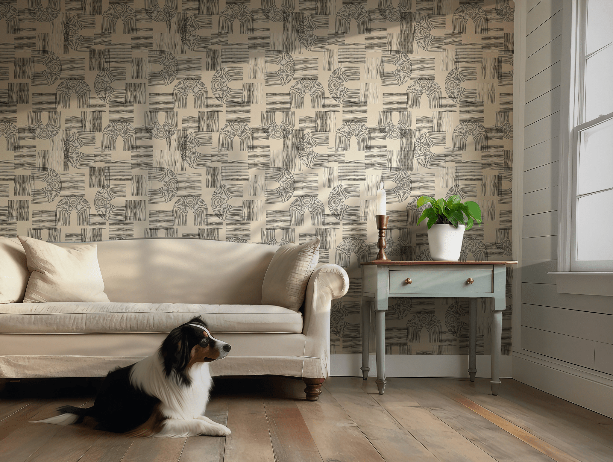 Neutral Beige and Black Self Adhesive Peel and Stick Wallpaper Minimalist Line Art Geometric Arches Linear Chic BV344