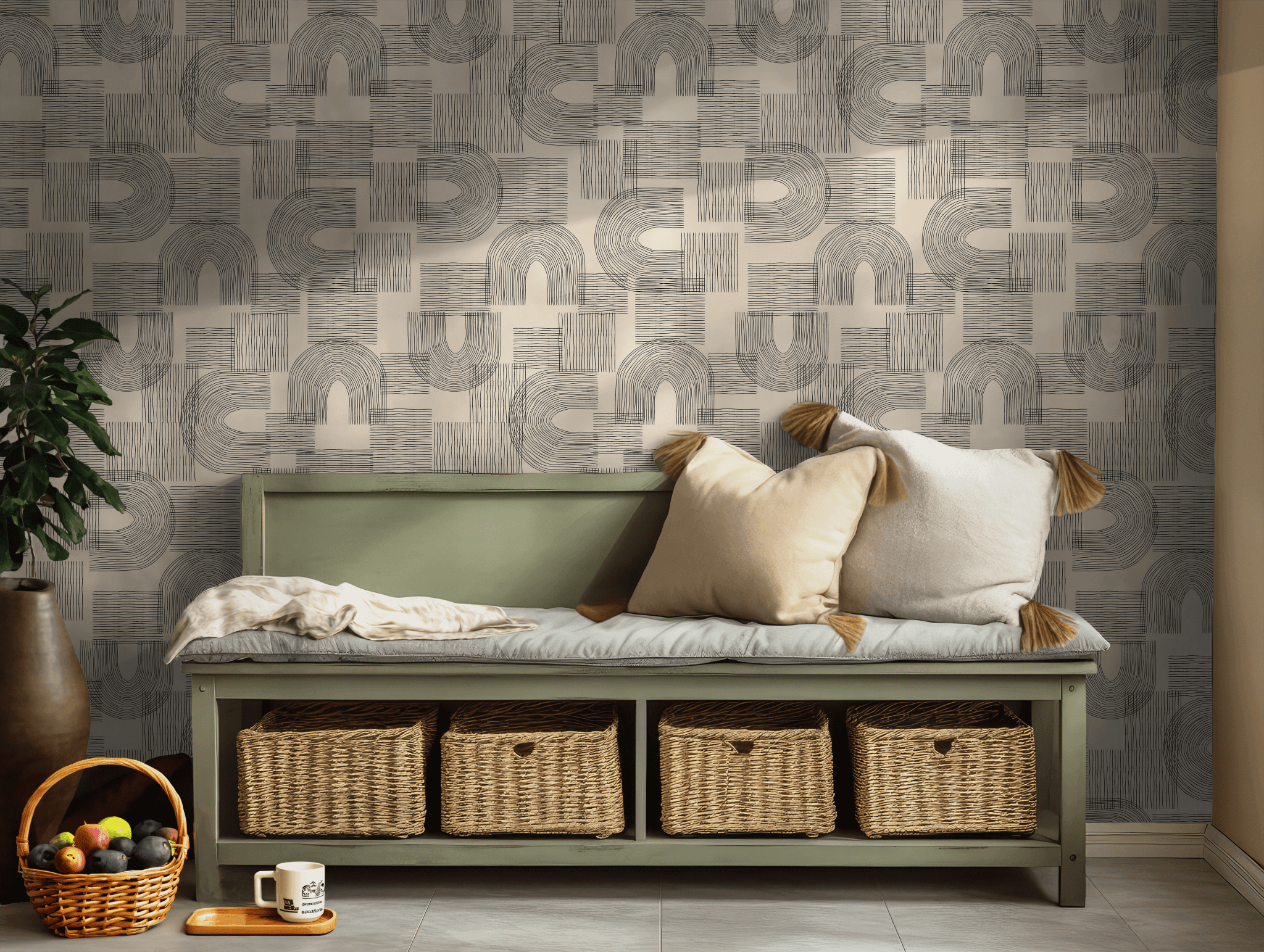 Neutral Beige and Black Wallpaper - Self Adhesive Peel and Stick - Line Art Geometric Arches BV344