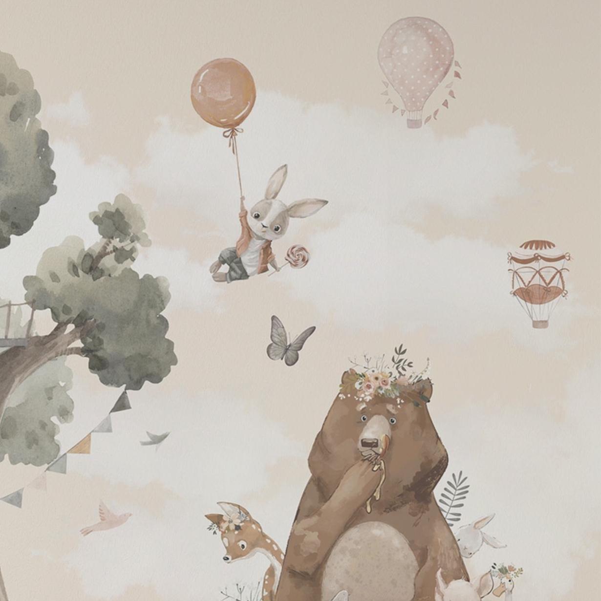 Nursery Animal Treehouse Wallpaper - Mural Beige Pastel Tones With Bear Bunny Deer And Hot Air Balloons Watercolor BV356