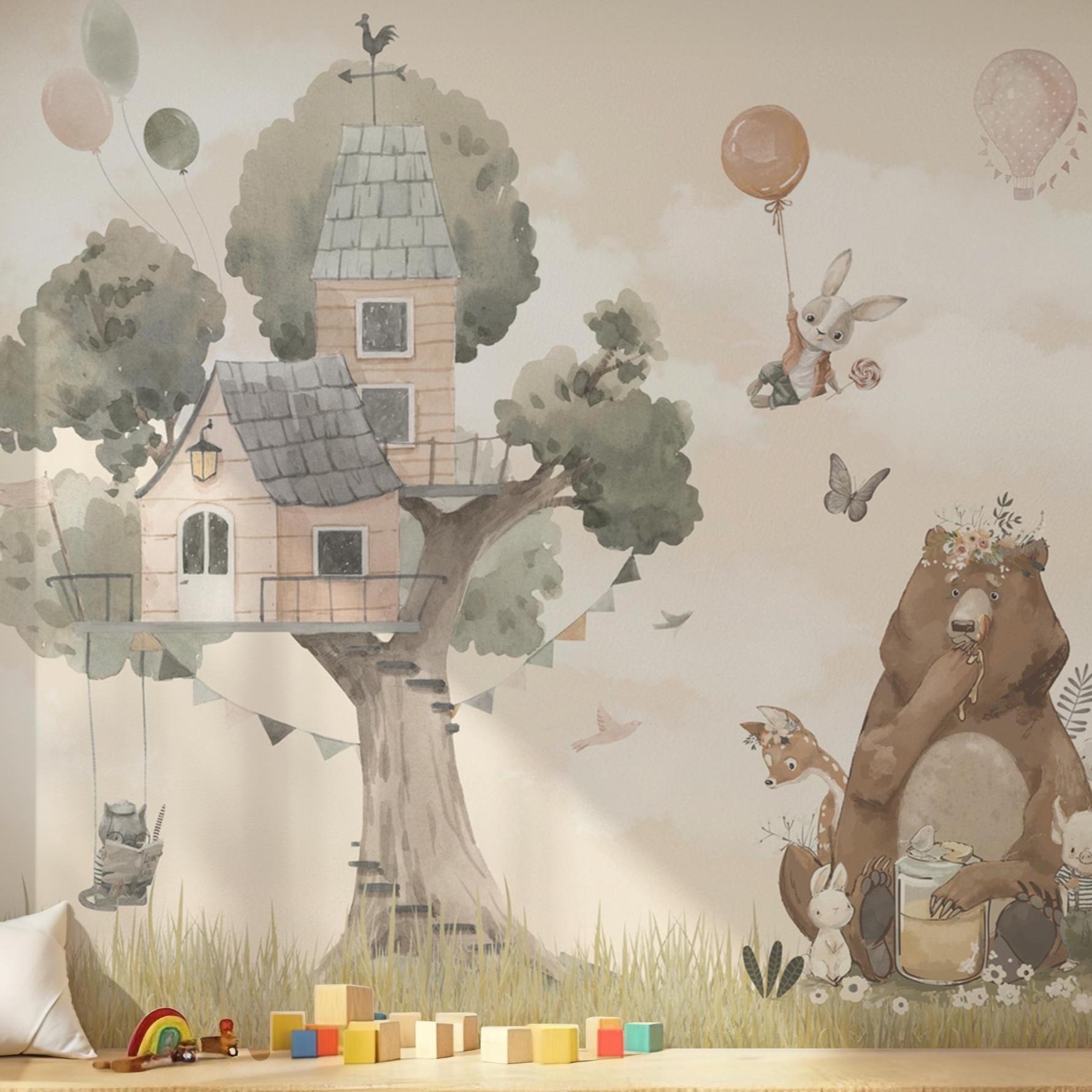 Nursery Animal Treehouse Wallpaper - Mural Beige Pastel Tones With Bear Bunny Deer And Hot Air Balloons Watercolor BV356