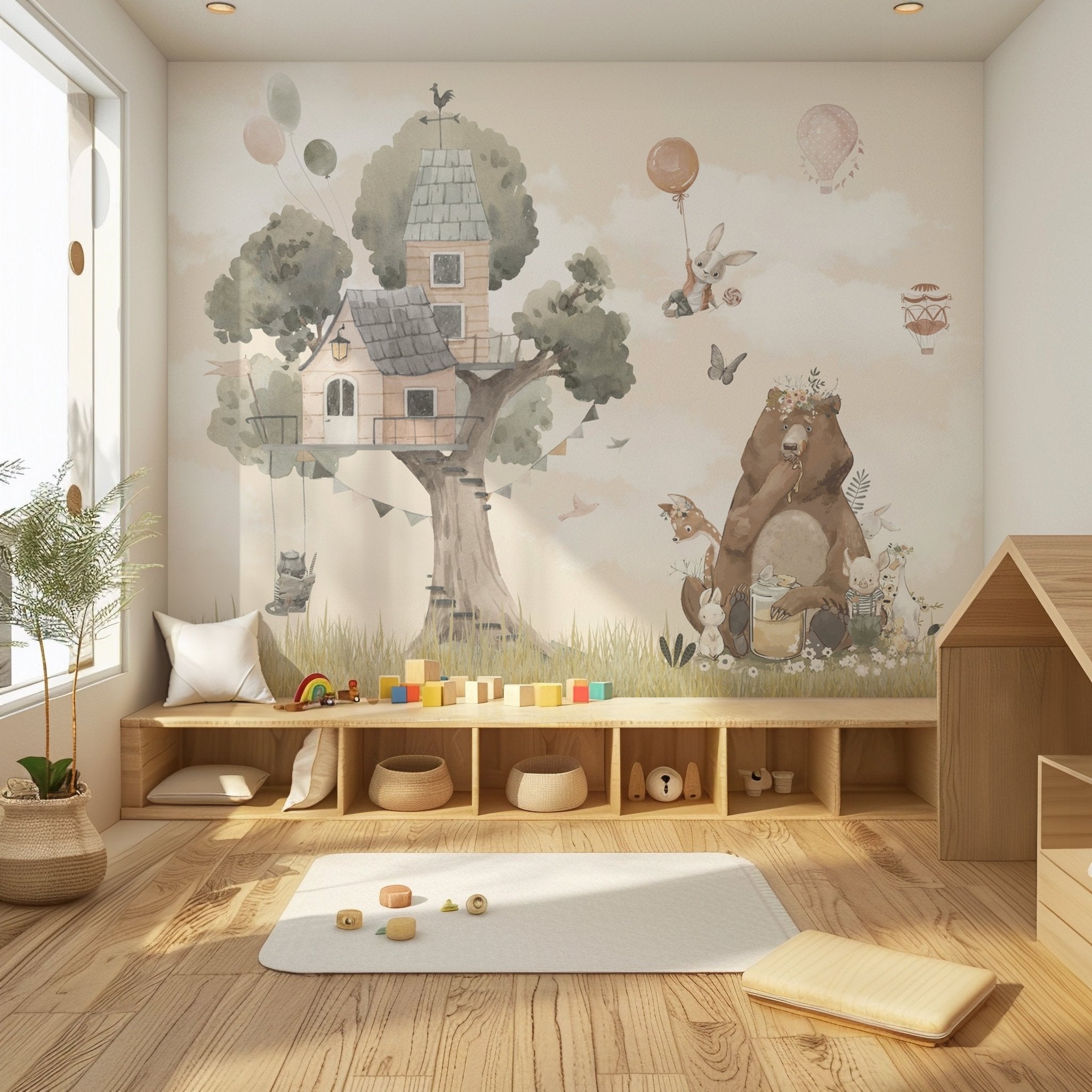 Nursery Animal Treehouse Wallpaper - Mural Beige Pastel Tones With Bear Bunny Deer And Hot Air Balloons Watercolor BV356