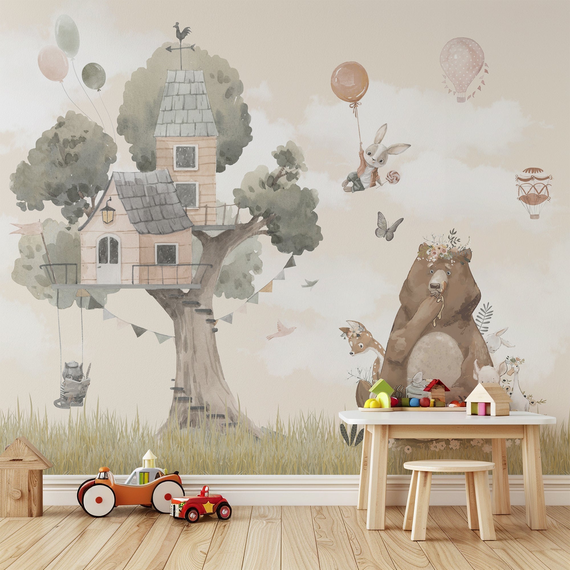 Nursery Animal Treehouse Wallpaper - Mural Beige Pastel Tones With Bear Bunny Deer And Hot Air Balloons Watercolor BV356